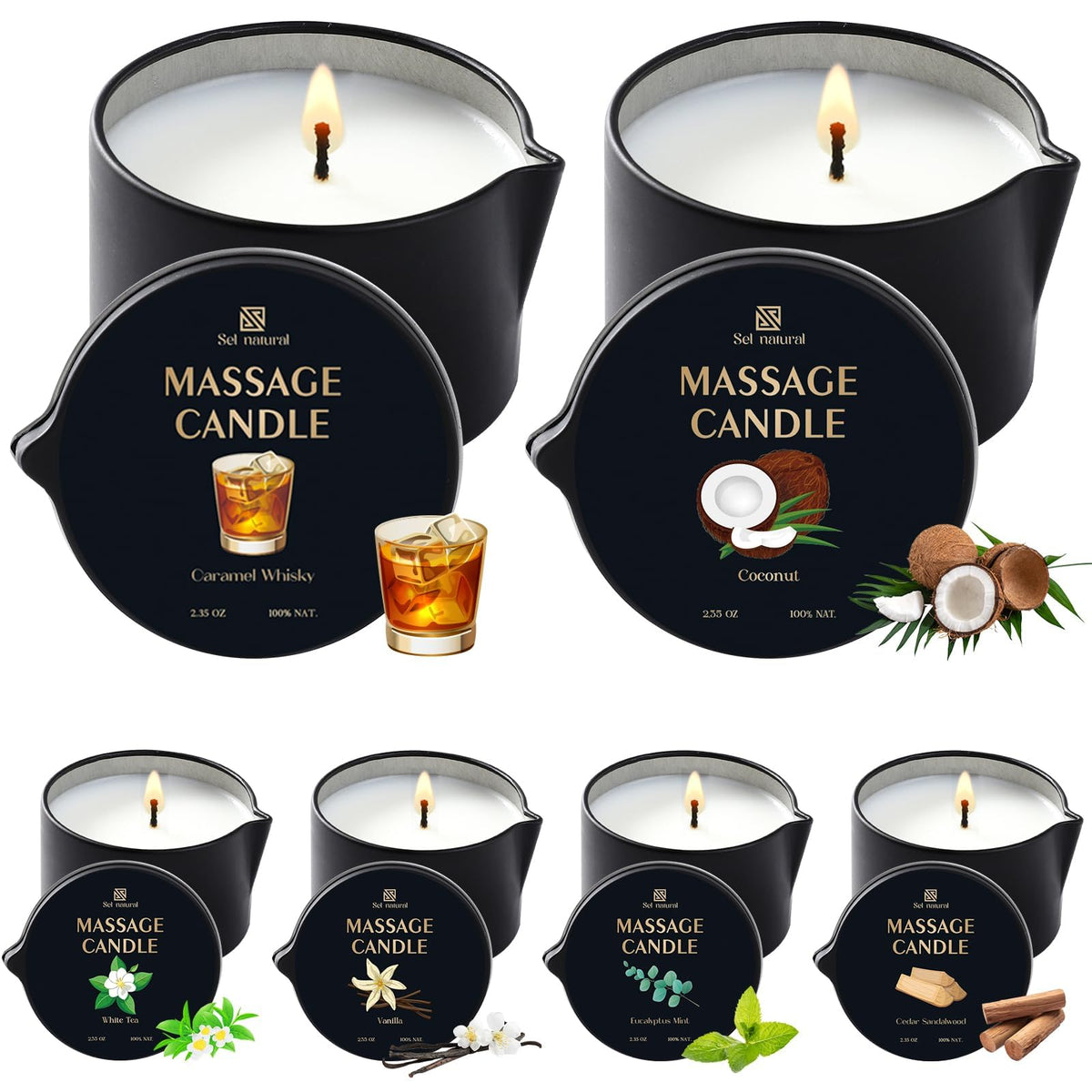 Sel Natural Bougie Huile Massage Coco – parfum exotique pour spa à domicile.