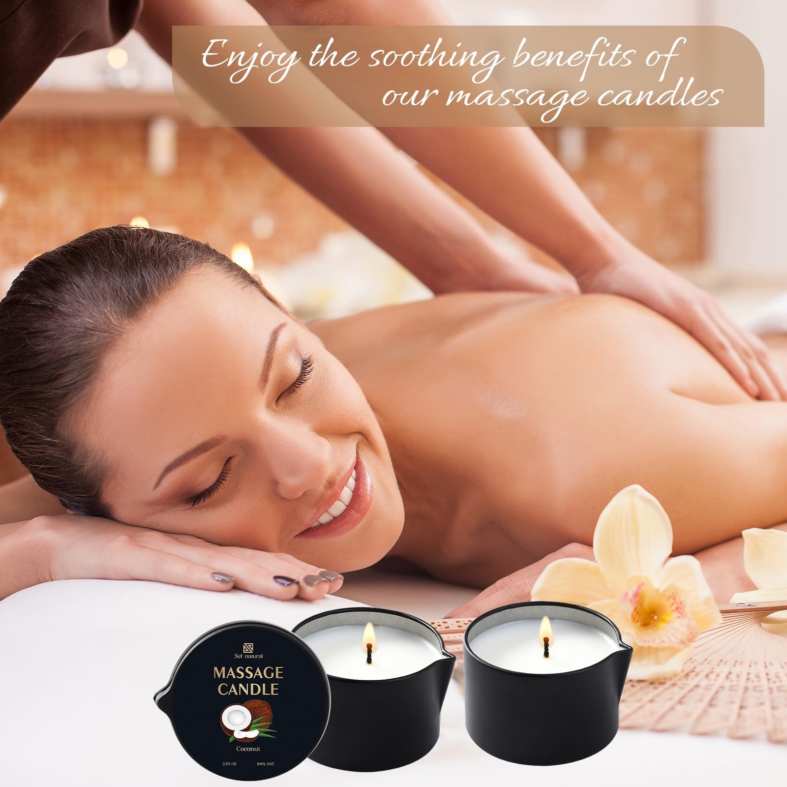 Sel Natural Bougie Huile Massage Thé Blanc – note légère idéale pour relaxation.