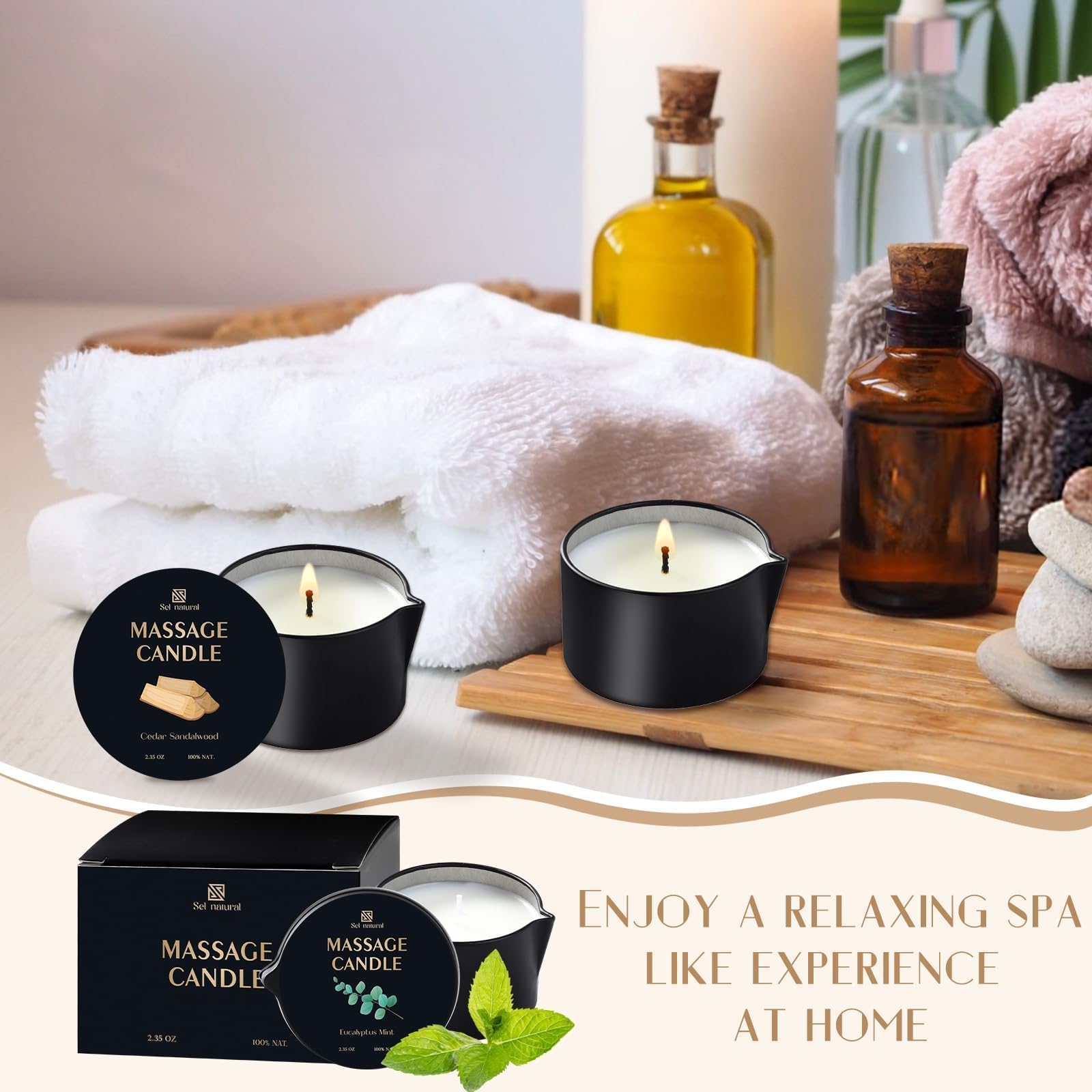 Bougie massage Soin Domicile Sel Natural, cadeau élégant et pratique.