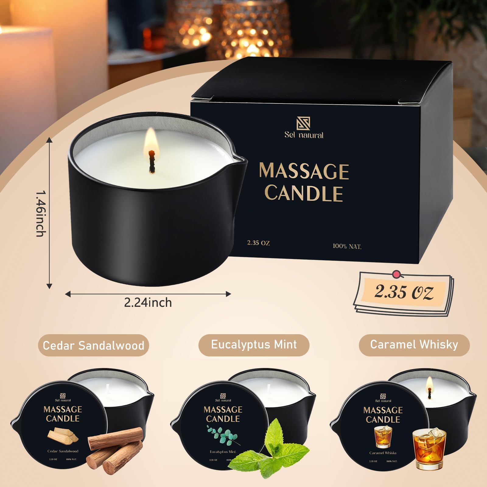 Bougie massage Eucalyptus Menthe Sel Natural, parfum frais et détente rapide.
