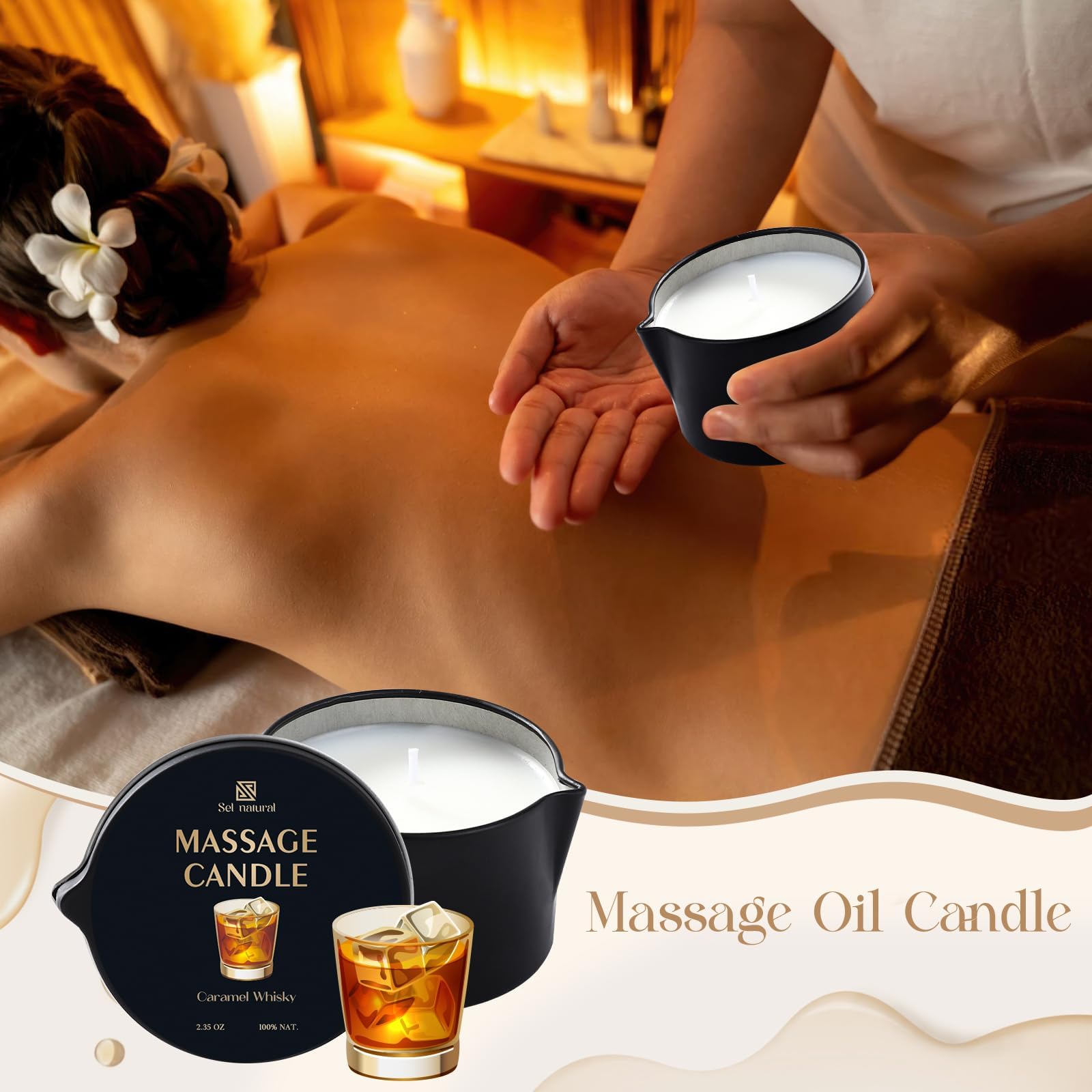 Sel Natural Ensemble Bougies Huile Massage – coffret cadeau élégant pour spa à la maison.
