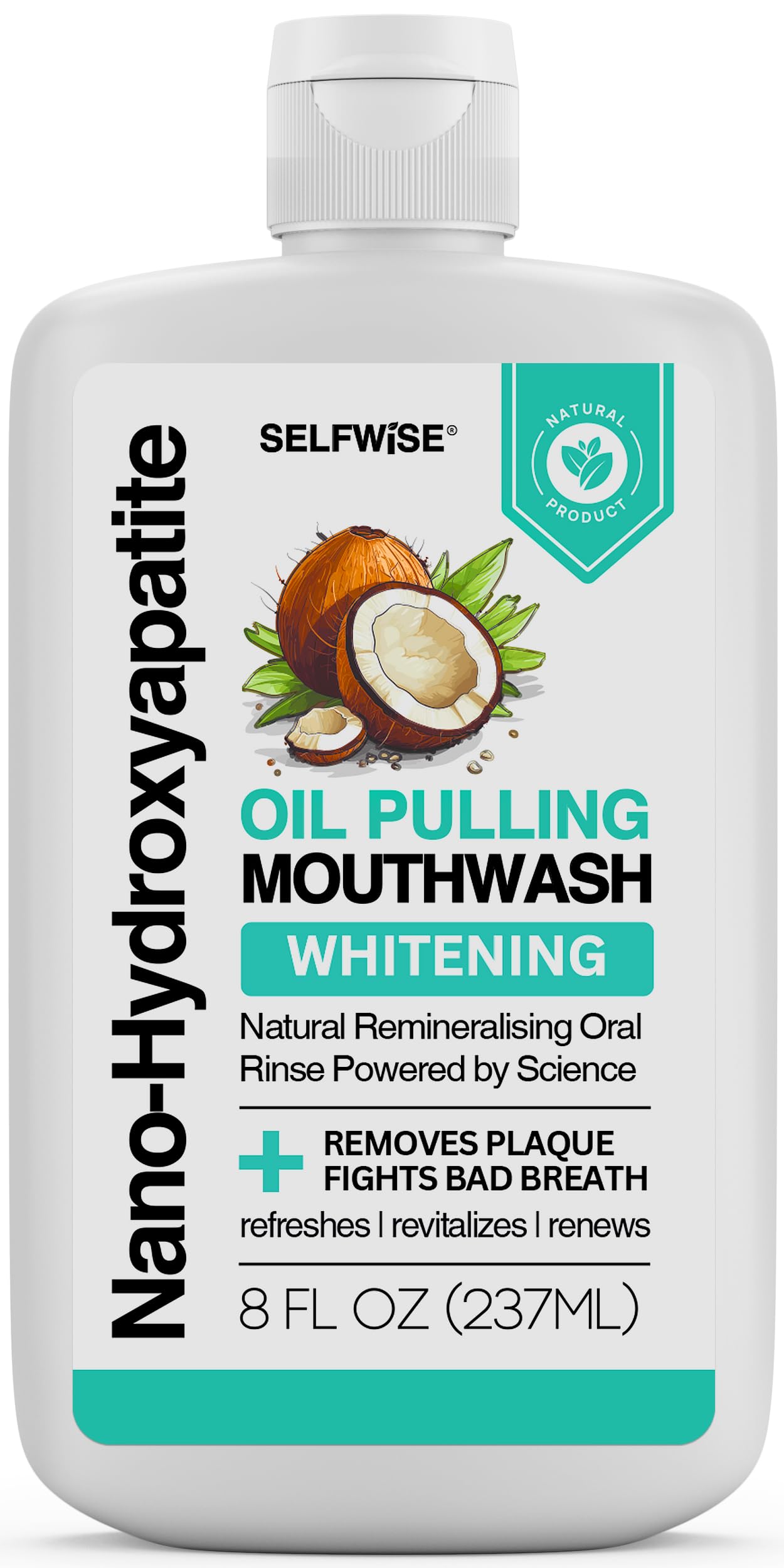 SELFWISE bain de bouche nano hydroxyapatite, vue de la bouteille pour soin naturel