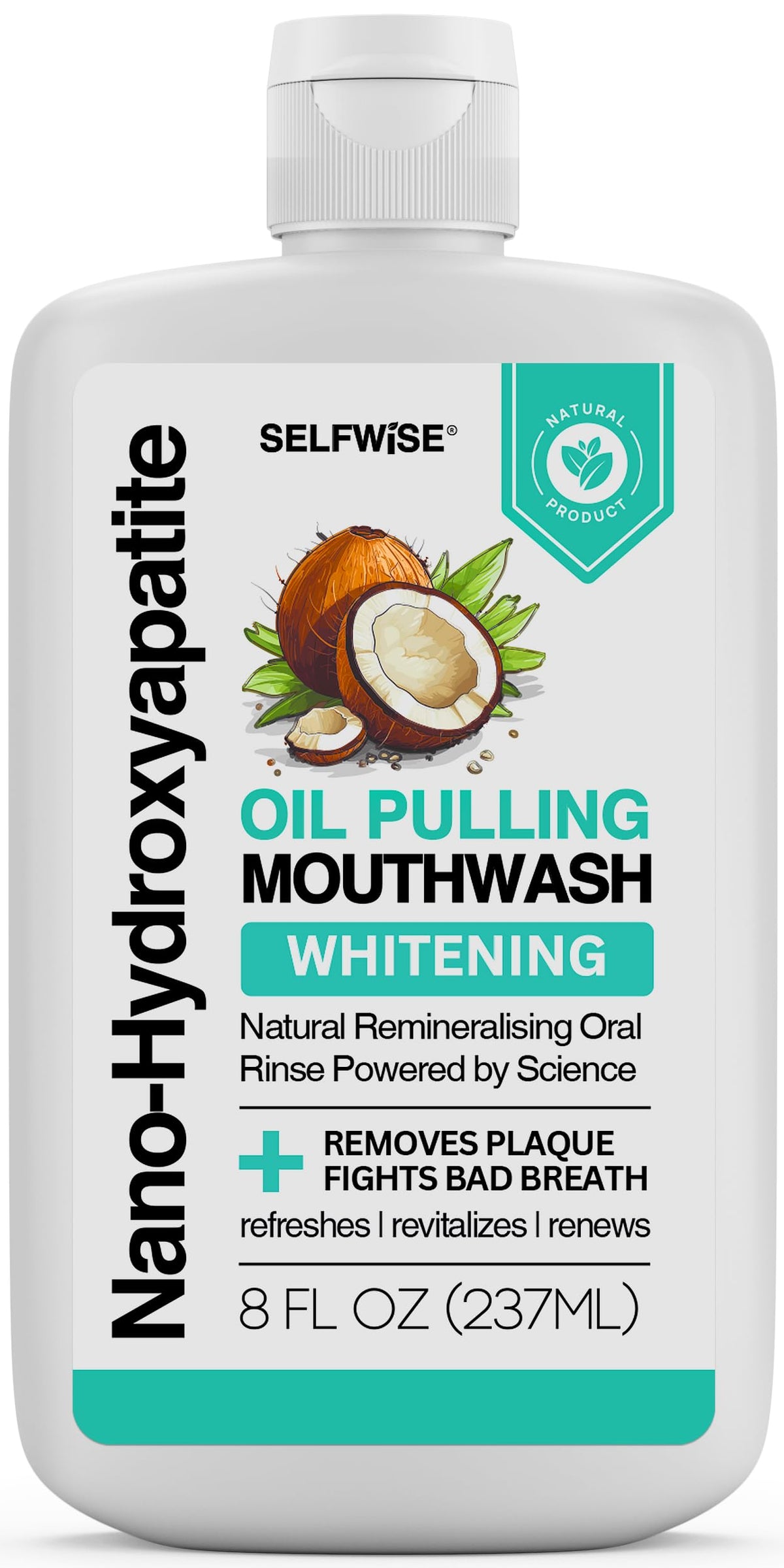 SELFWISE bain de bouche nano hydroxyapatite, vue de la bouteille pour soin naturel