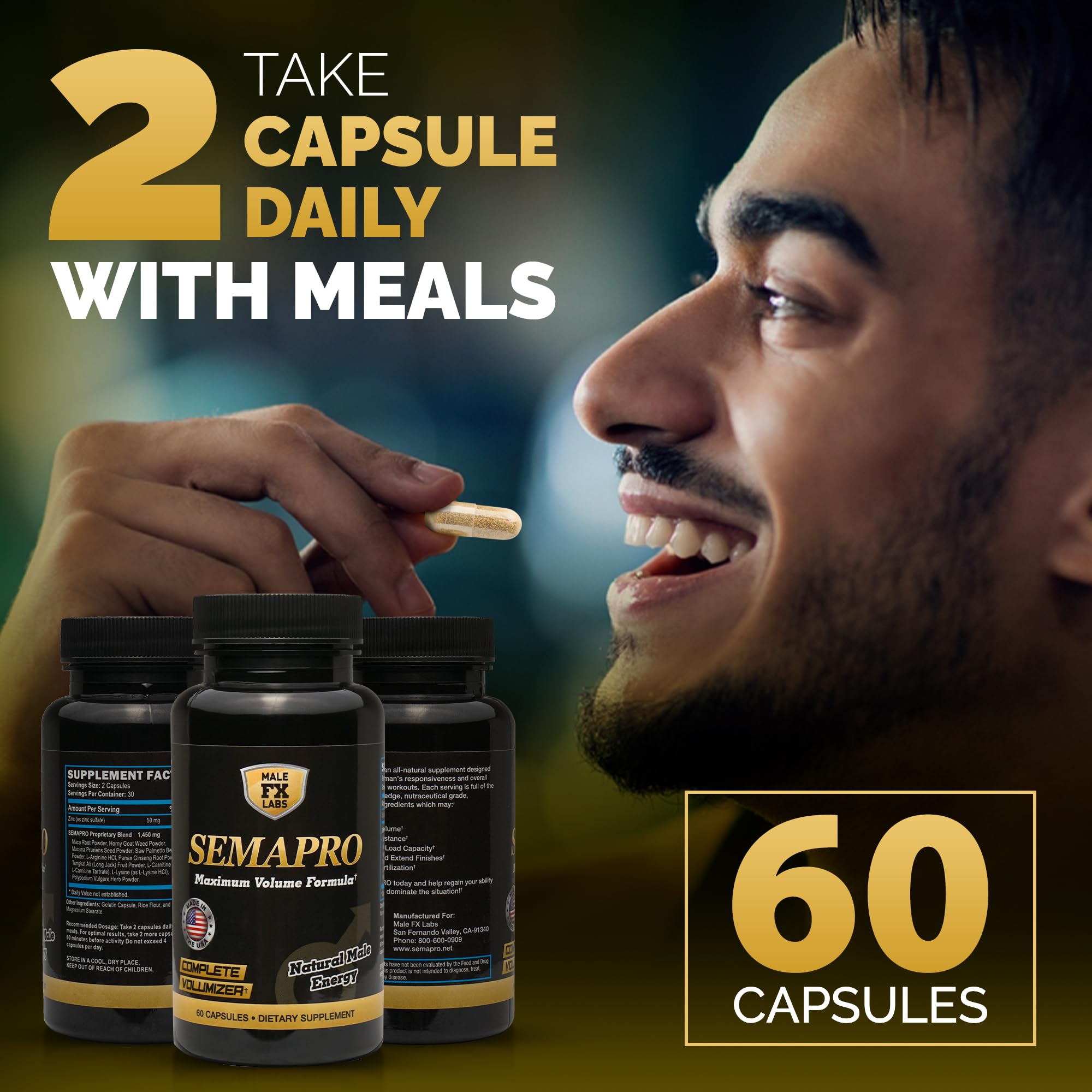 SEMAPRO – packaging soigné, 60 capsules pour un mois d’utilisation régulière.