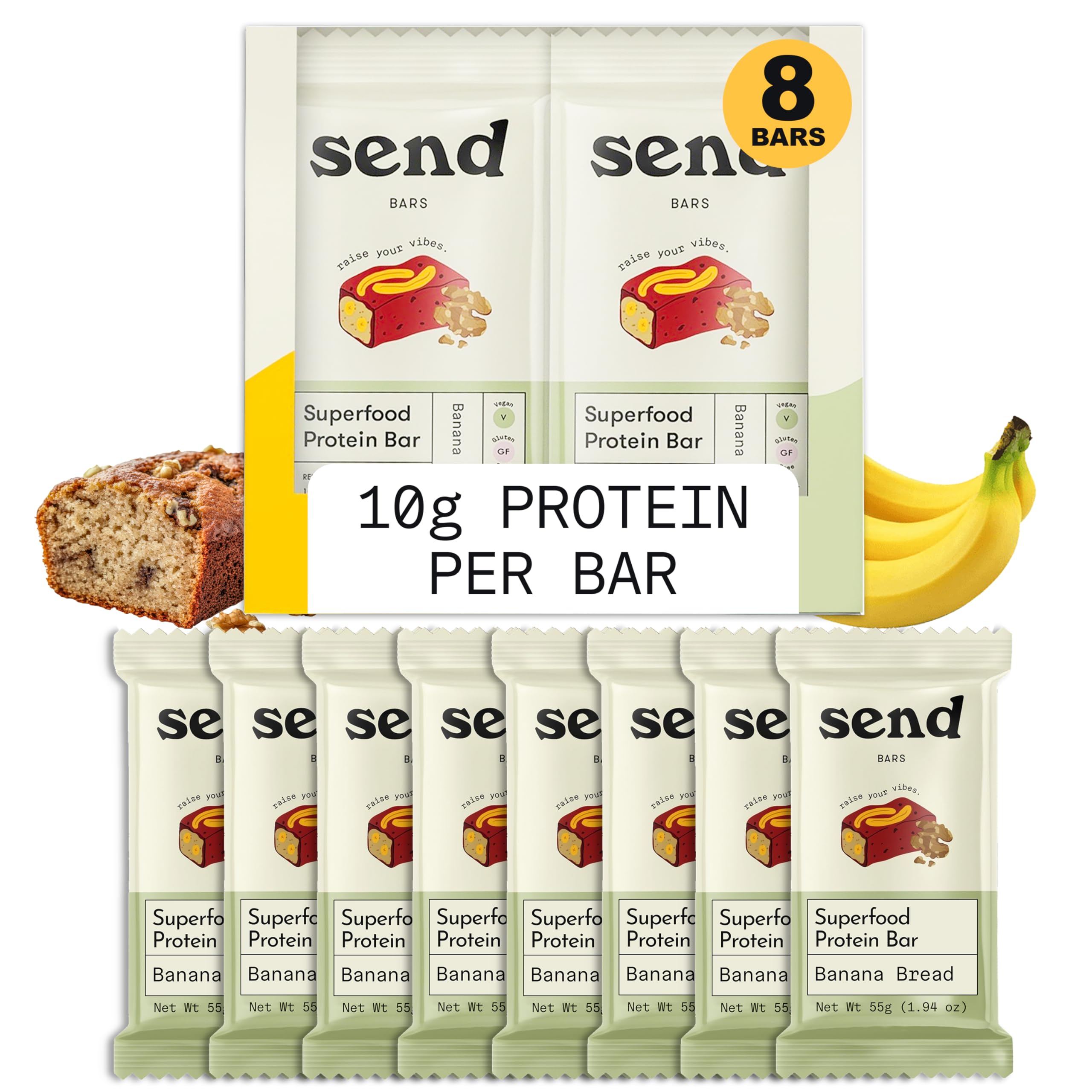 Send Bars banane-pain emballage : barre protéinée végan pratique pour déplacement.