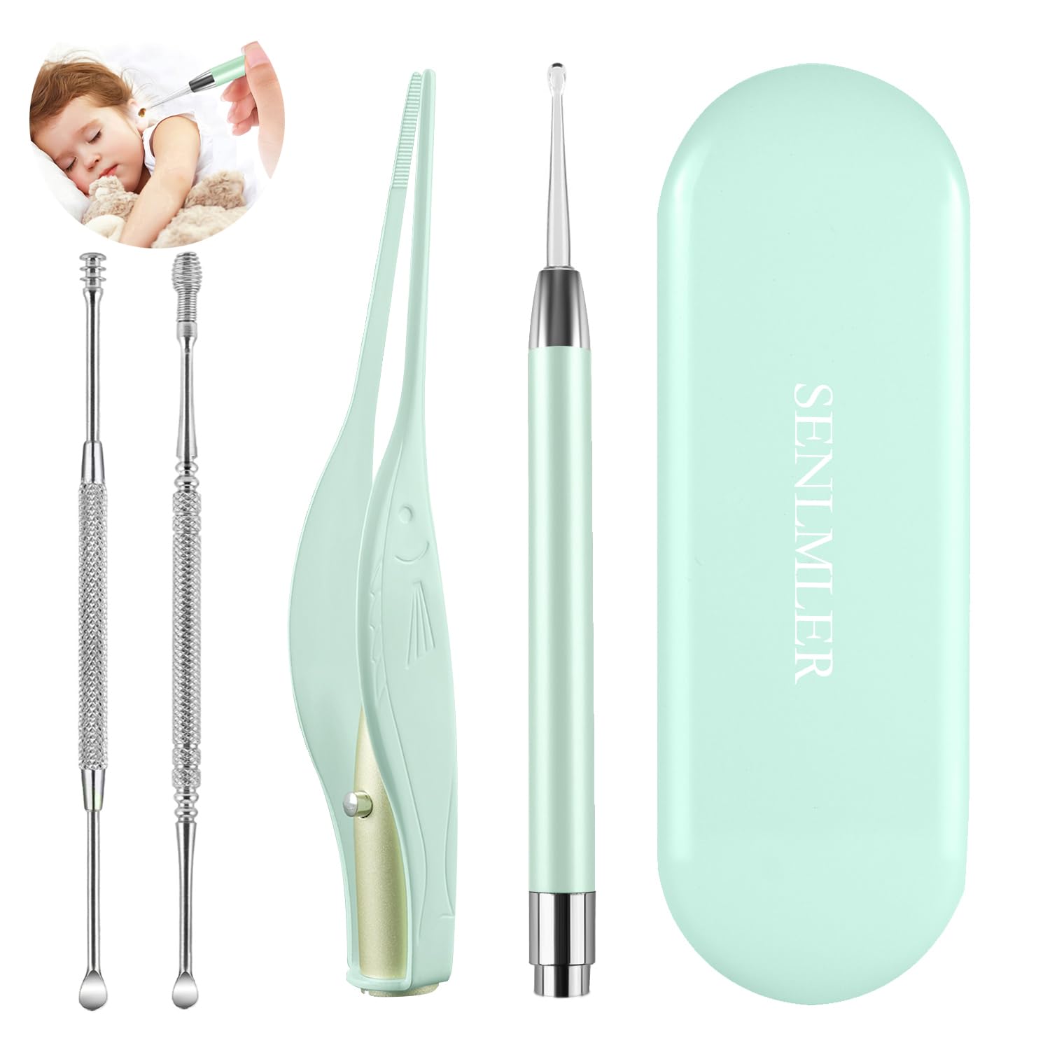 SENLMLER kit 4 outils oreille LED avec étui vert, pratique pour domicile.