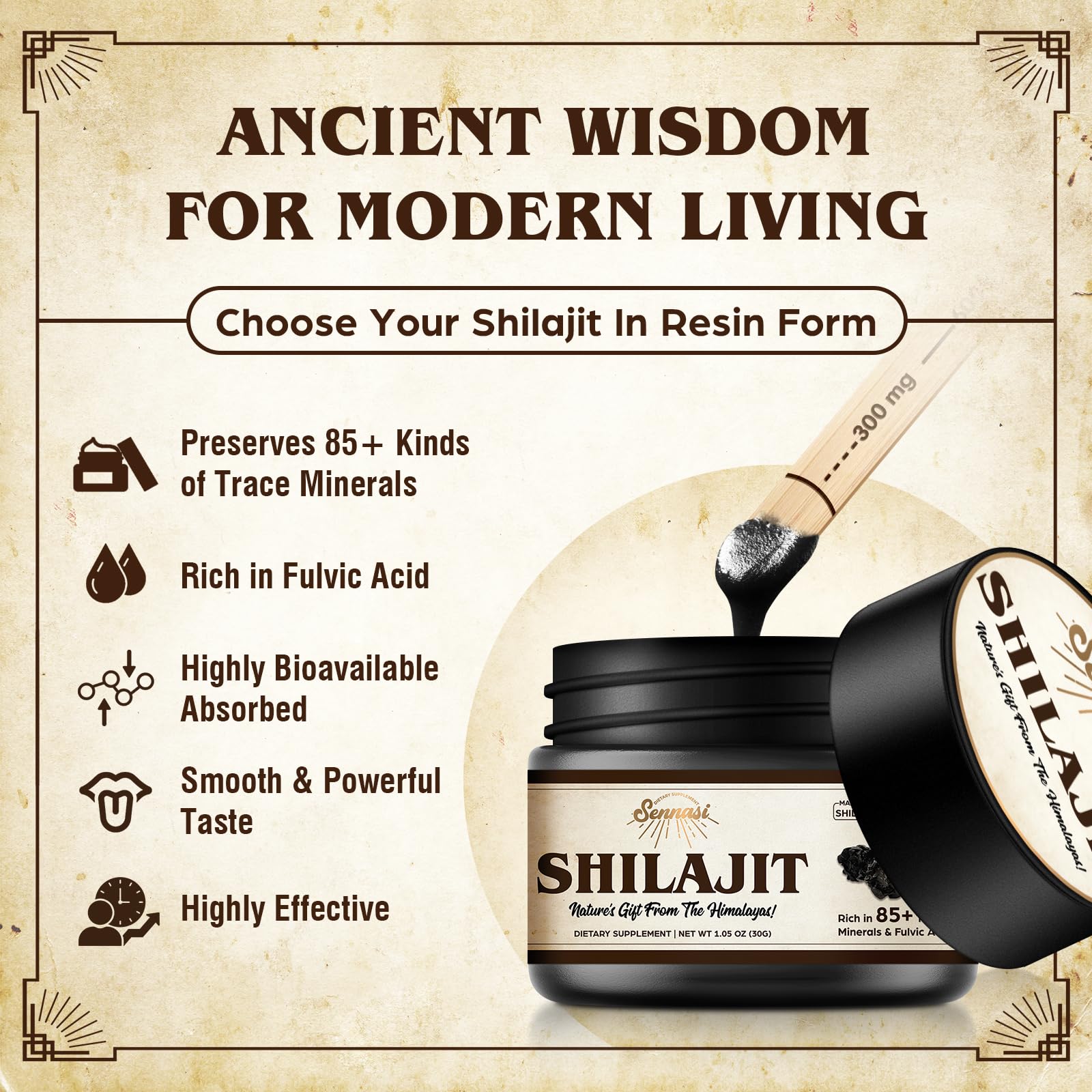 Sennasi Shilajit résine 85 minéraux et acide fulvique, soutien potentiel.