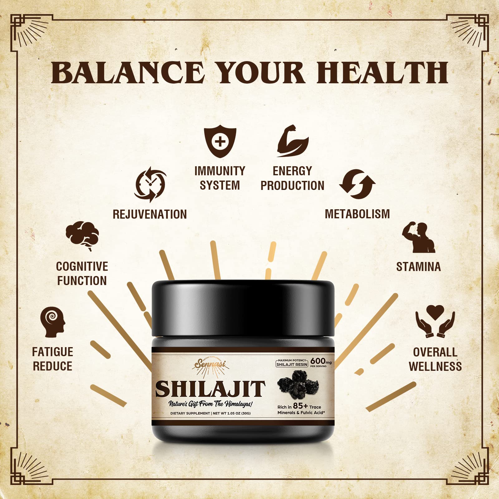 Sennasi Shilajit résine diluée dans eau chaude, intégration facile.