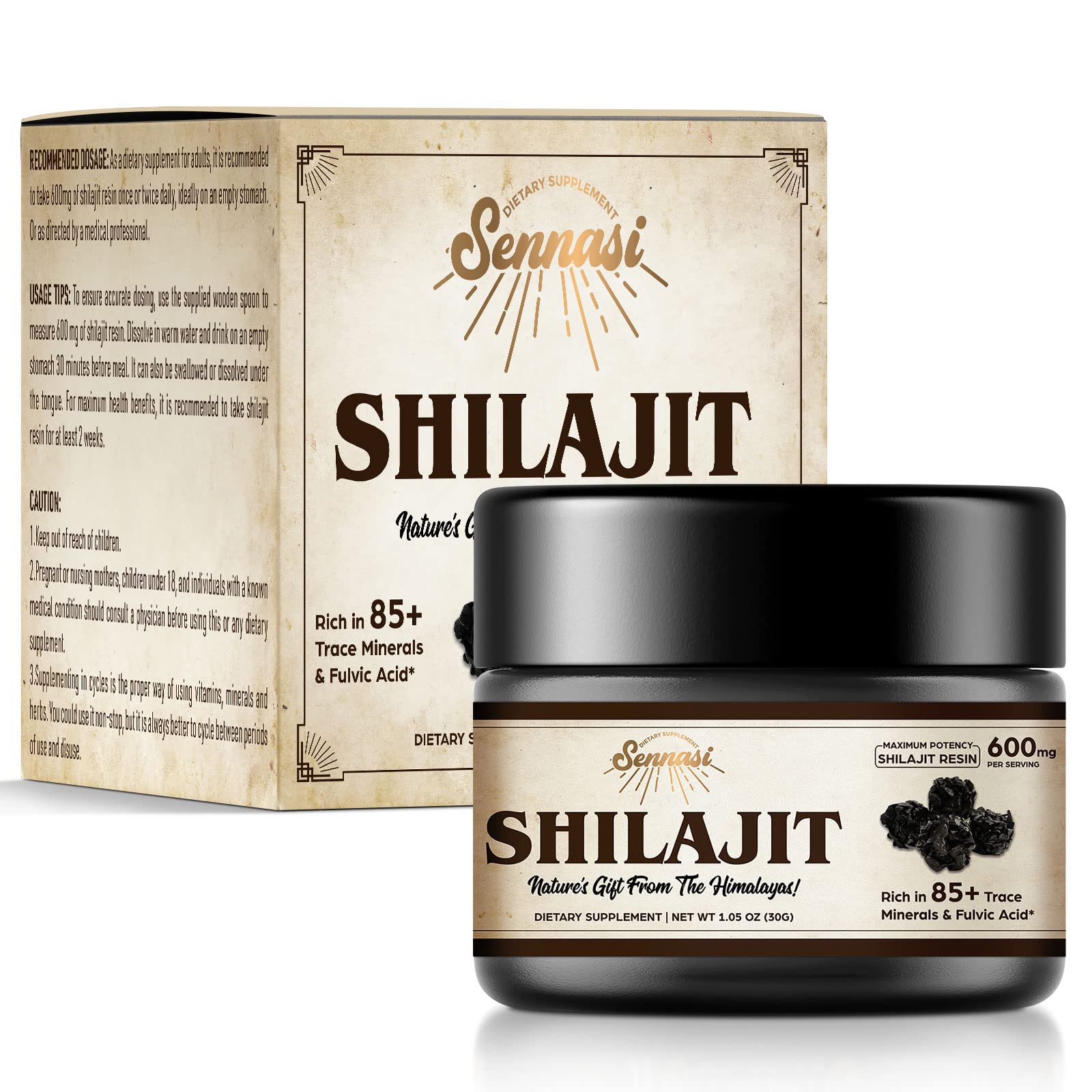 Sennasi Shilajit résine emballage protégé par lumière, stabilité assurée.