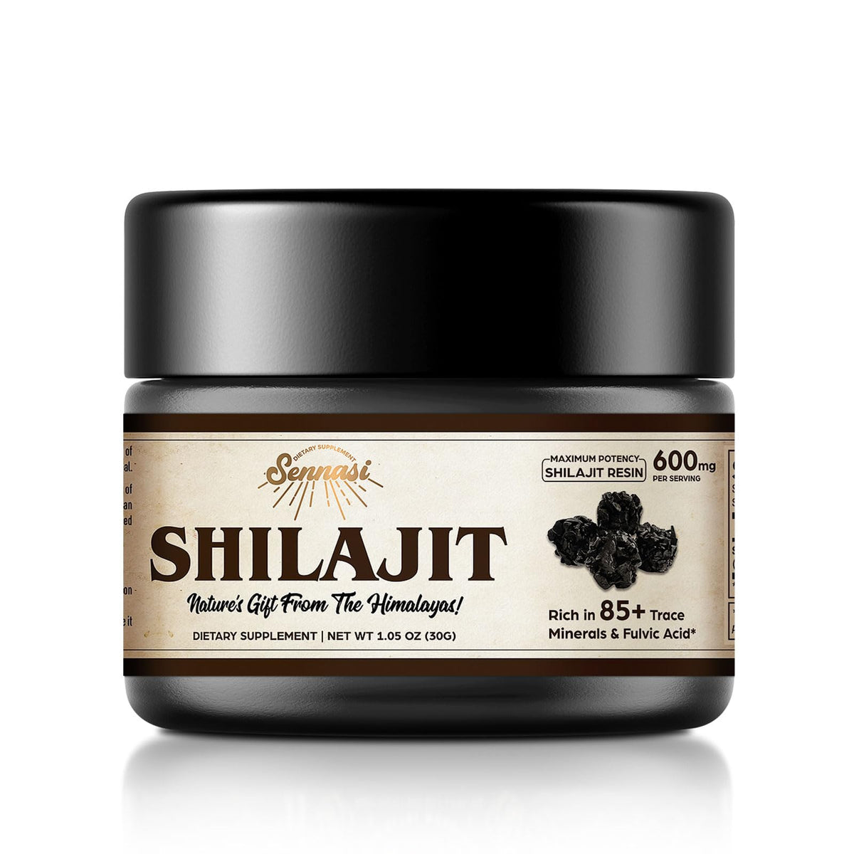 Sennasi Shilajit résine himalayenne dans une bouteille à double scellage, riche en minéraux.