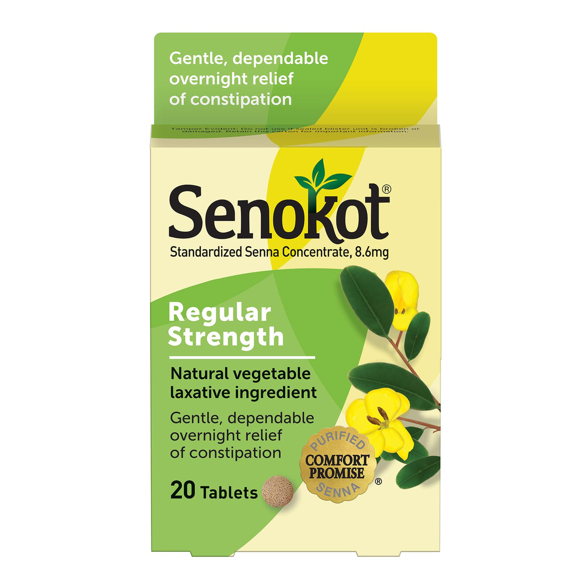 Senokot comprimés dosage régulier dans une boîte, usage nocturne possible.
