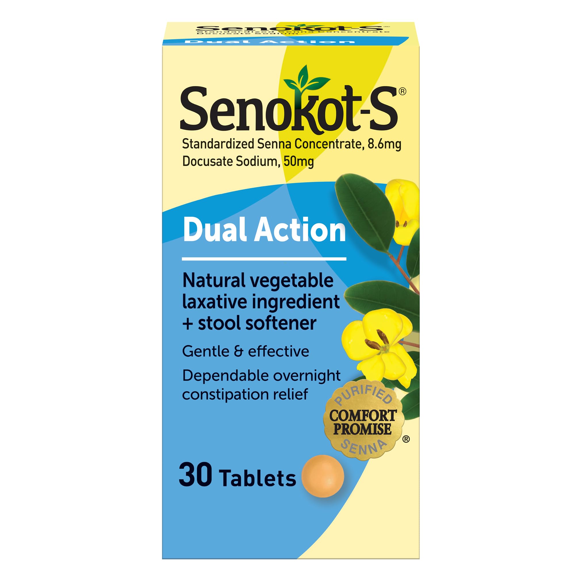 Senokot-S: bouteille de 30 comprimés, soulagement nocturne potentiel.