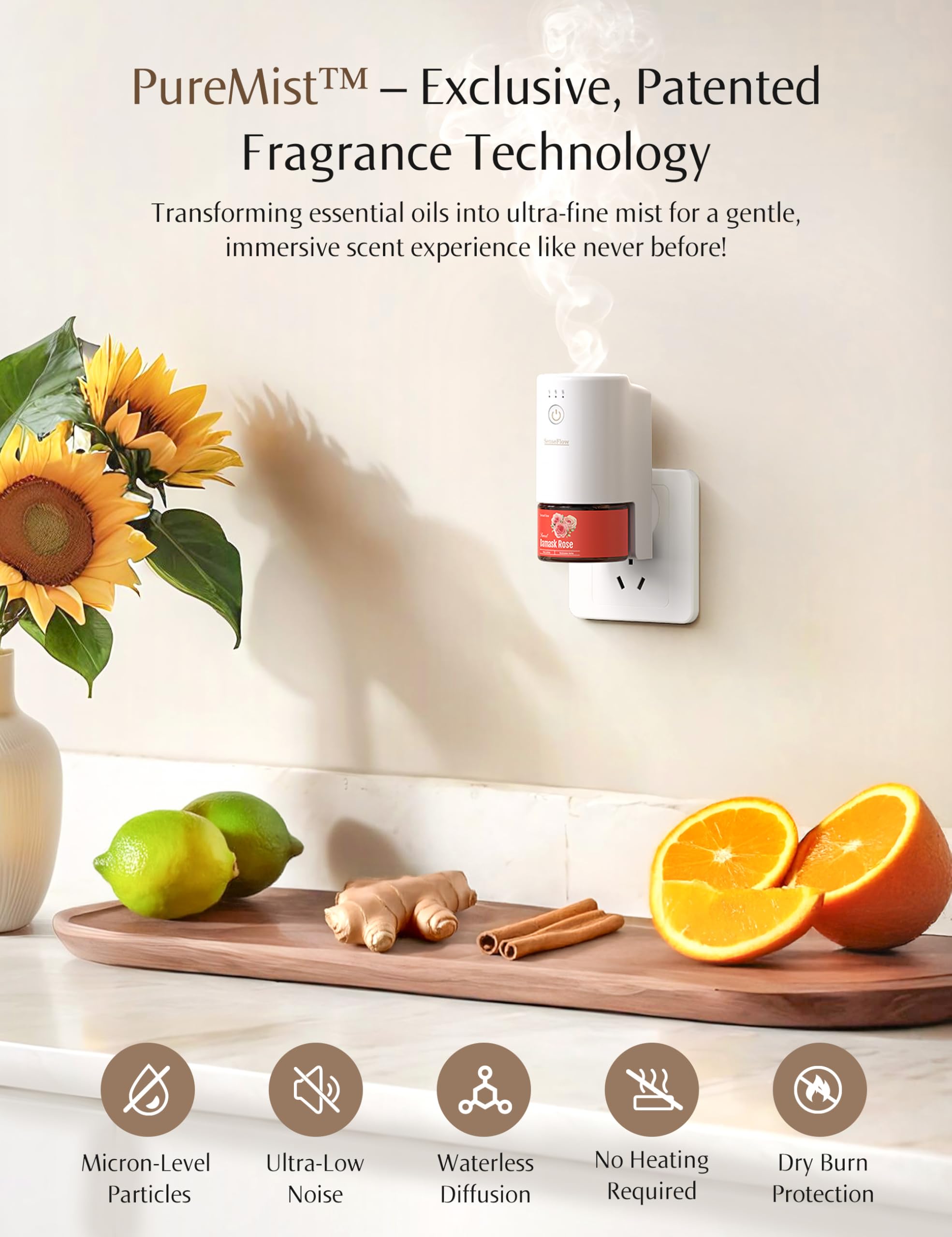 SenseFlow SF101 Pro, technologie PureMist atomisant les huiles sans eau pour une fragrance naturelle.