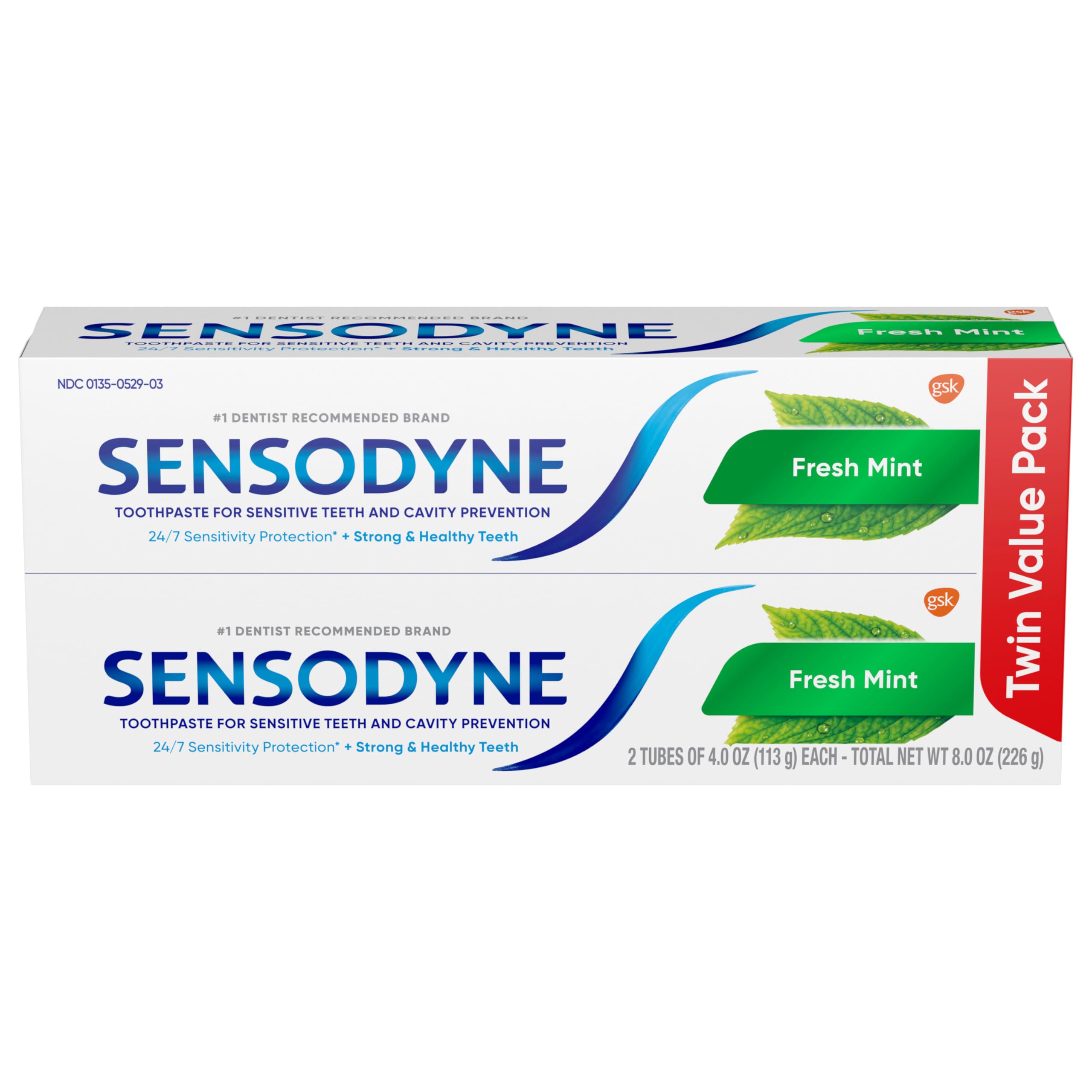 Sensodyne dentifrice frais menthe rafraîchit l’haleine et protège la sensibilité.