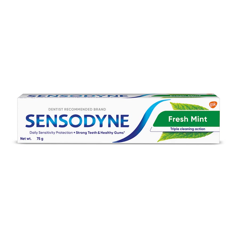 Dentifrice Sensodyne Menthe Fraîche en tube de 75 g prêt pour votre routine.