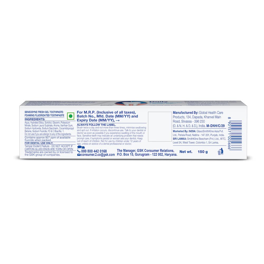 Gel bleu Sensodyne pour une fraîcheur durable en bouche.