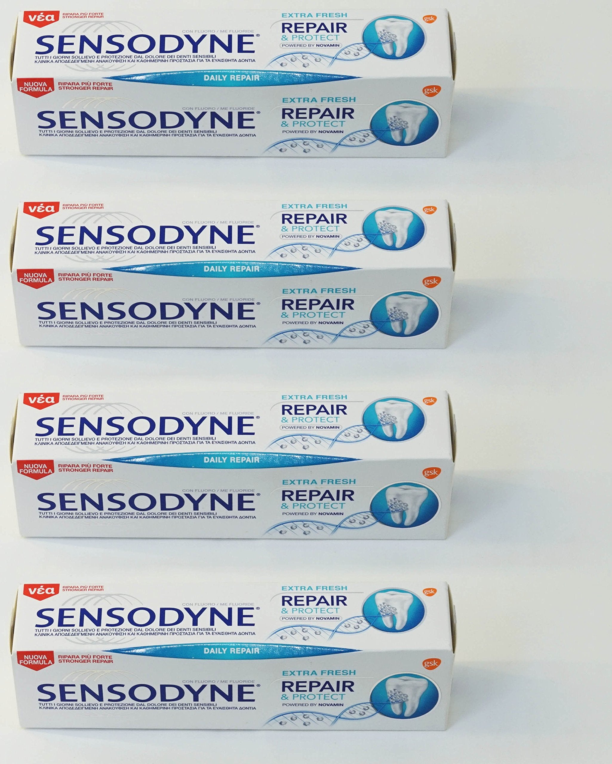 Sensodyne Repair & Protect Extra Fresh: tube de 75 ml NovaMin pour dents sensibles, soin quotidien.