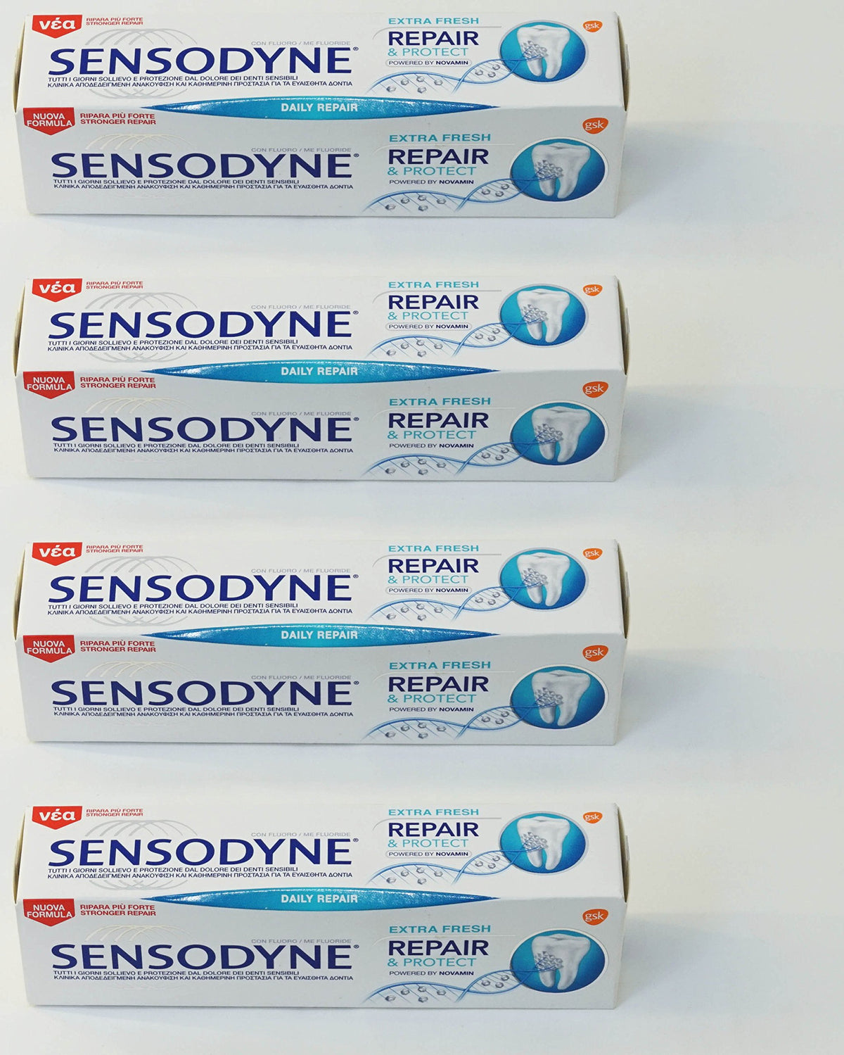 Sensodyne Repair & Protect Extra Fresh: tube de 75 ml NovaMin pour dents sensibles, soin quotidien.