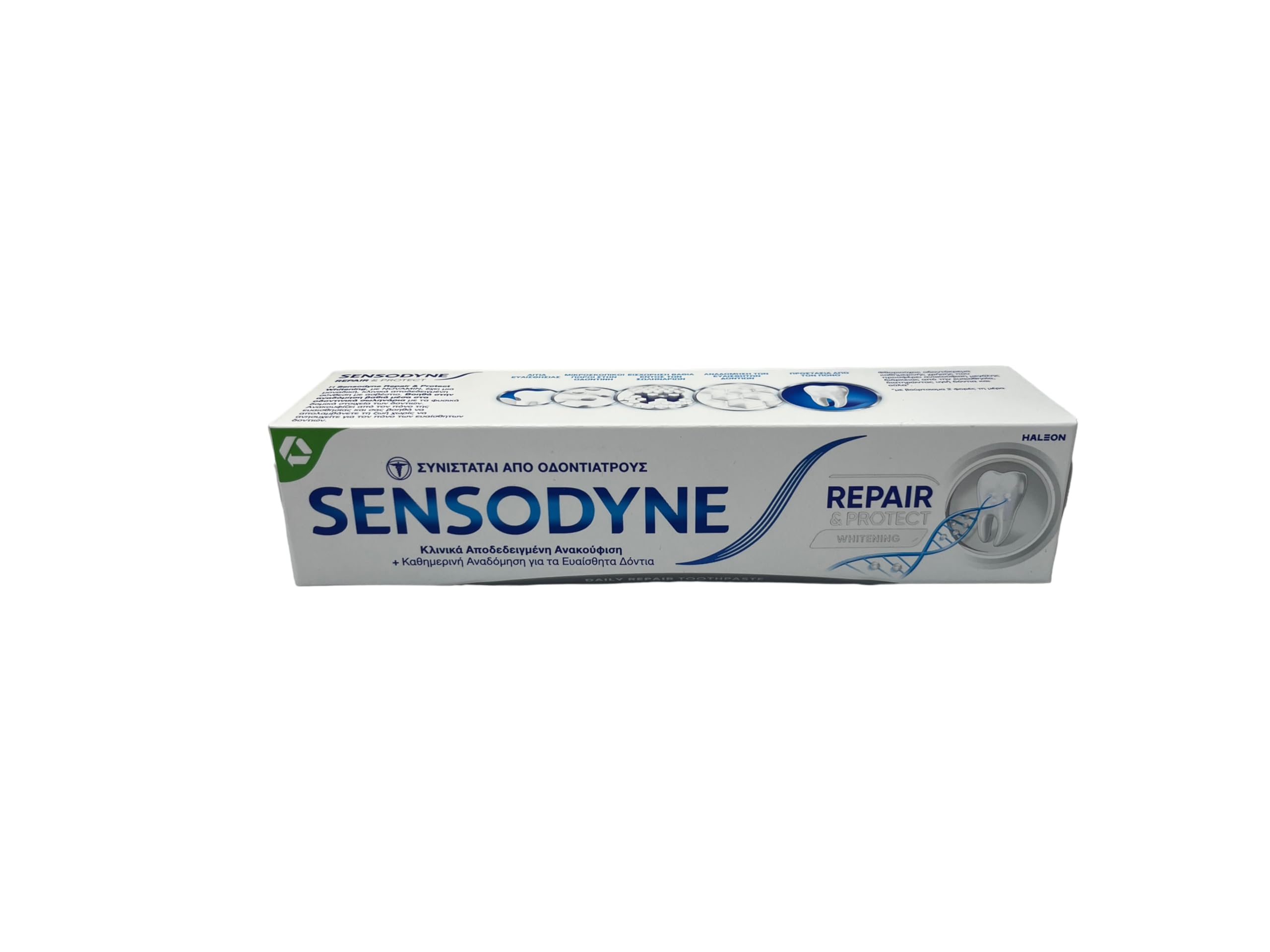 Sensodyne Repair & Protect, tube 75 ml en action, soulage la sensibilité lors du brossage.