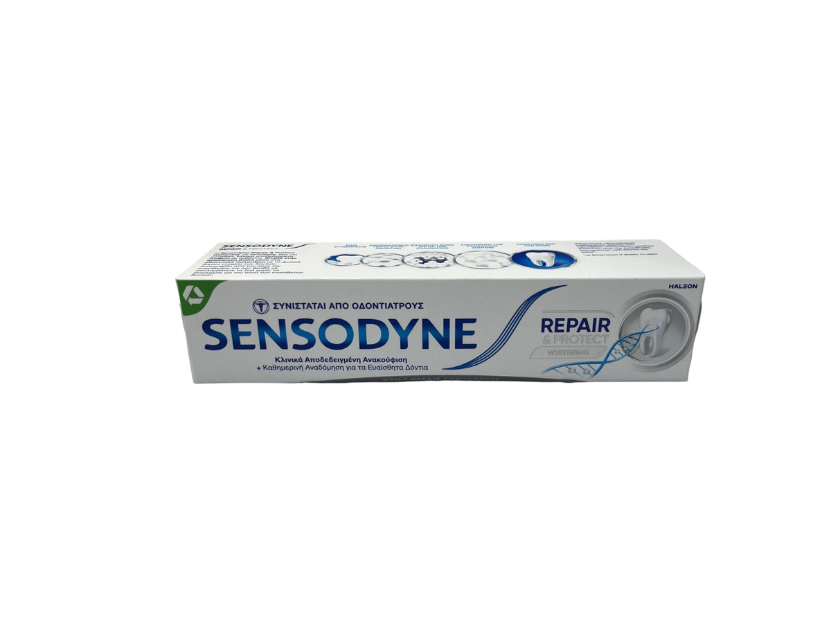 Sensodyne tube dentifrice 75 ml, emballage anglais, usage quotidien pour la protection des dents.