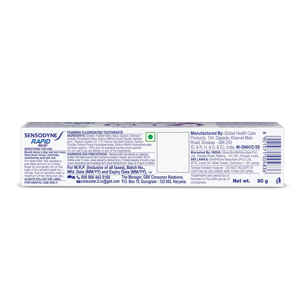 Sensodyne tubes 80 g relief rapide, format pratique et compact.