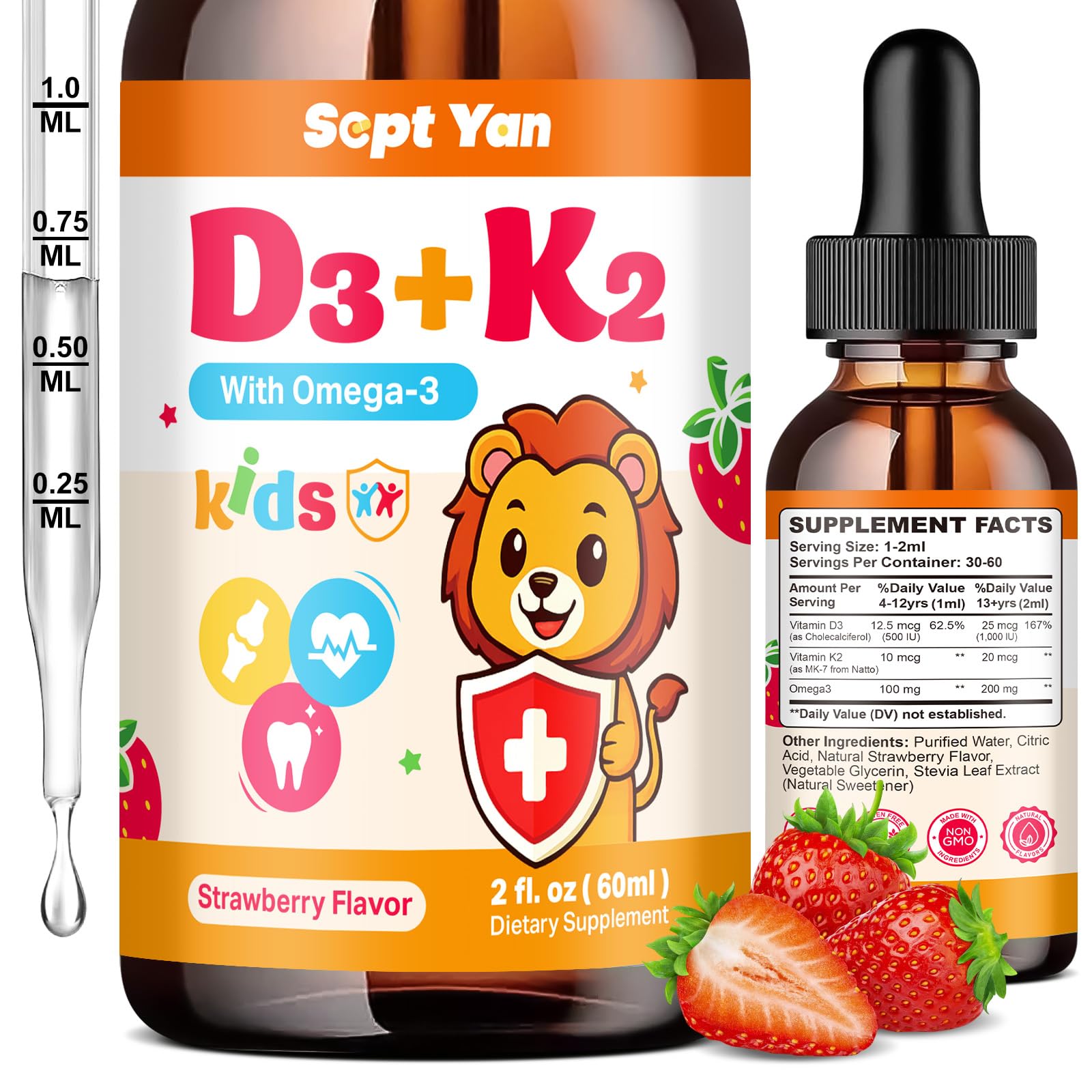 Gouttes SEPT YAN D3 K2 en bouteille pour enfants, soutien potentiel des os et dents