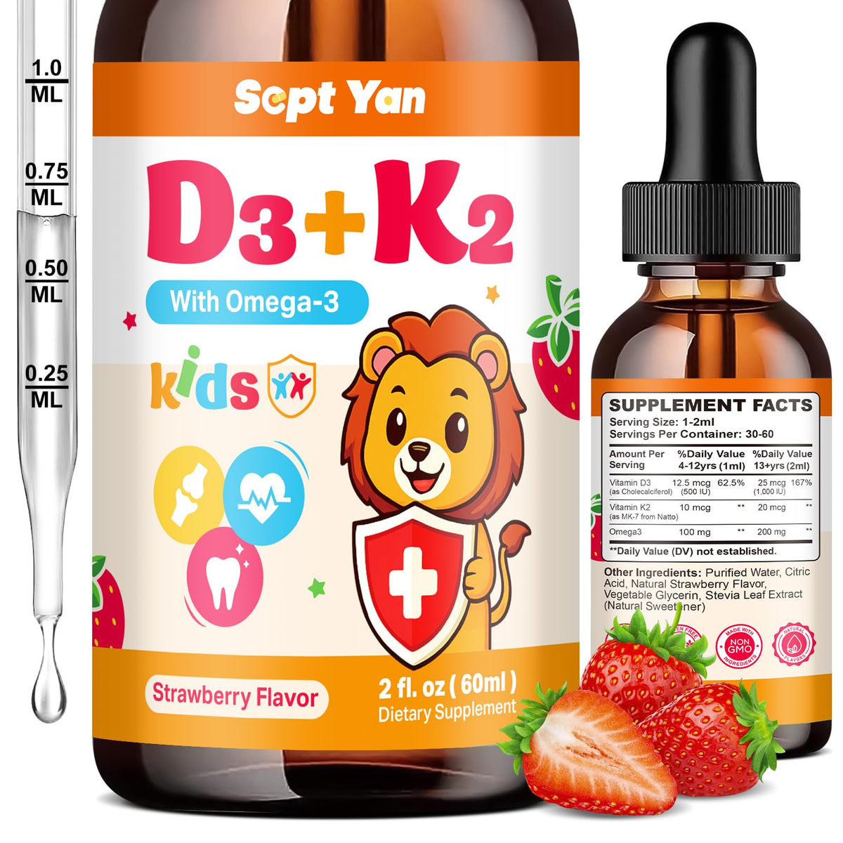 Gouttes SEPT YAN D3 K2 en bouteille pour enfants, soutien potentiel des os et dents