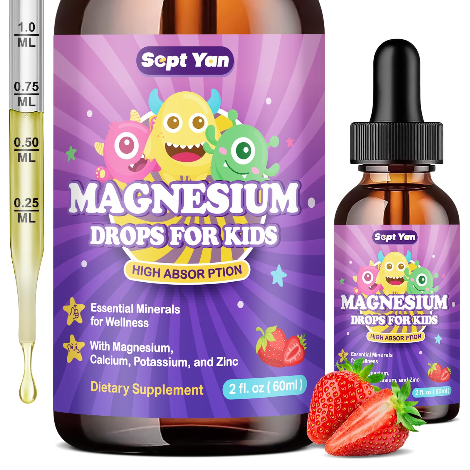 Gouttes SEPT YAN Magnesium pour enfants à la fraise en bouteille, favorisant un sommeil paisible.