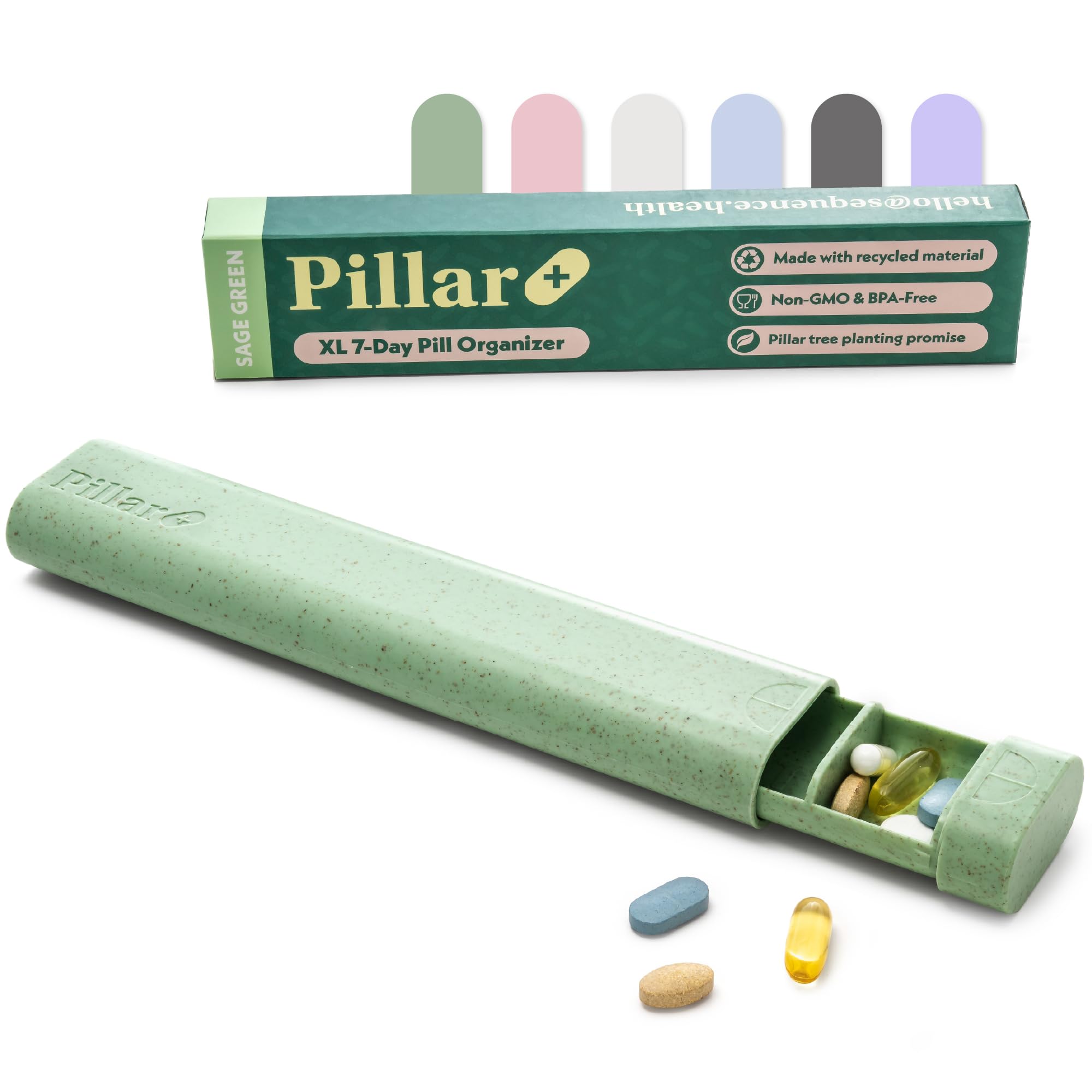 Sequence Pillar Plus—étui semainier vert sauge pour organiser vos pilules.