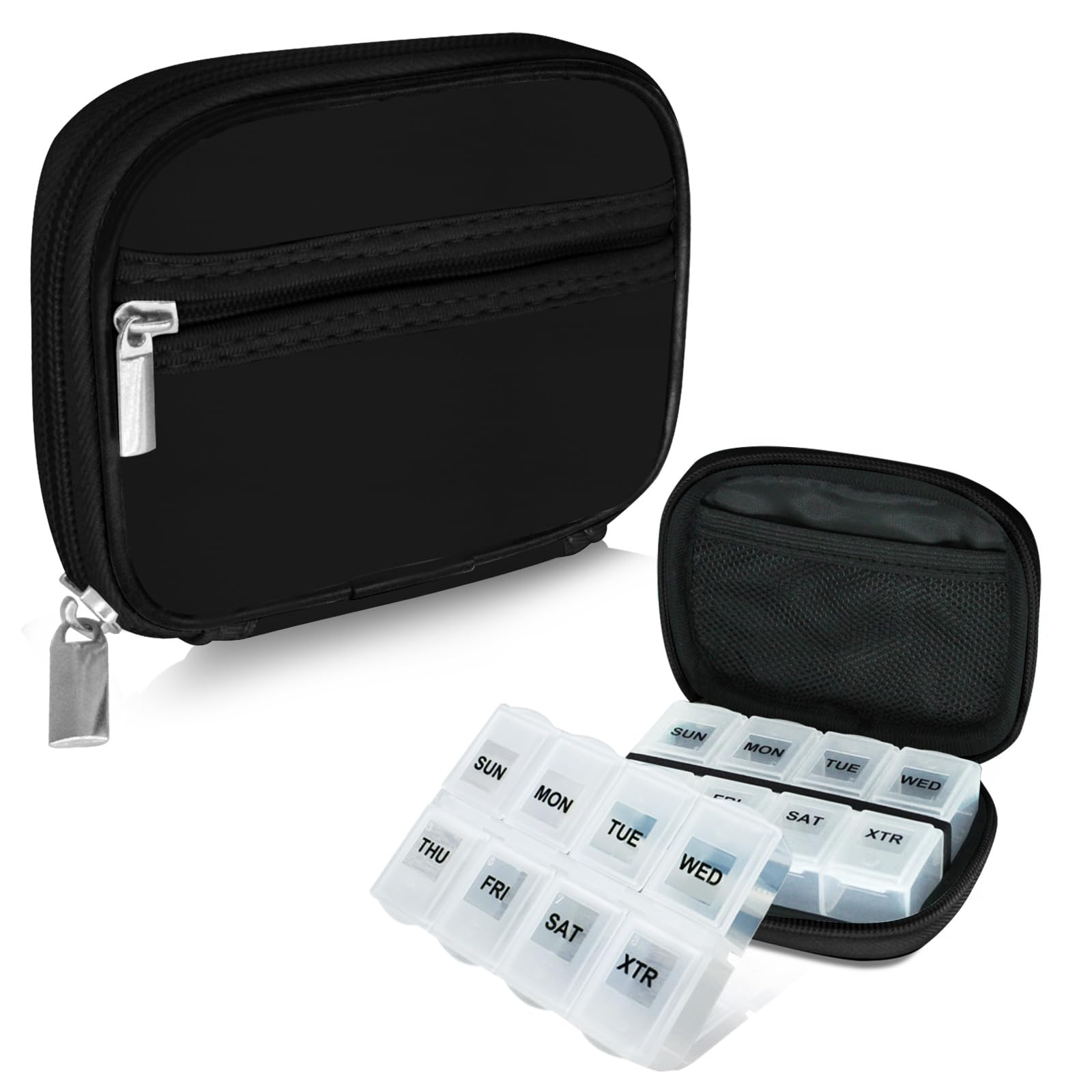 Serfeymi boîtier pilules semaine noir ensemble, pratique pour voyages et usage quotidien.