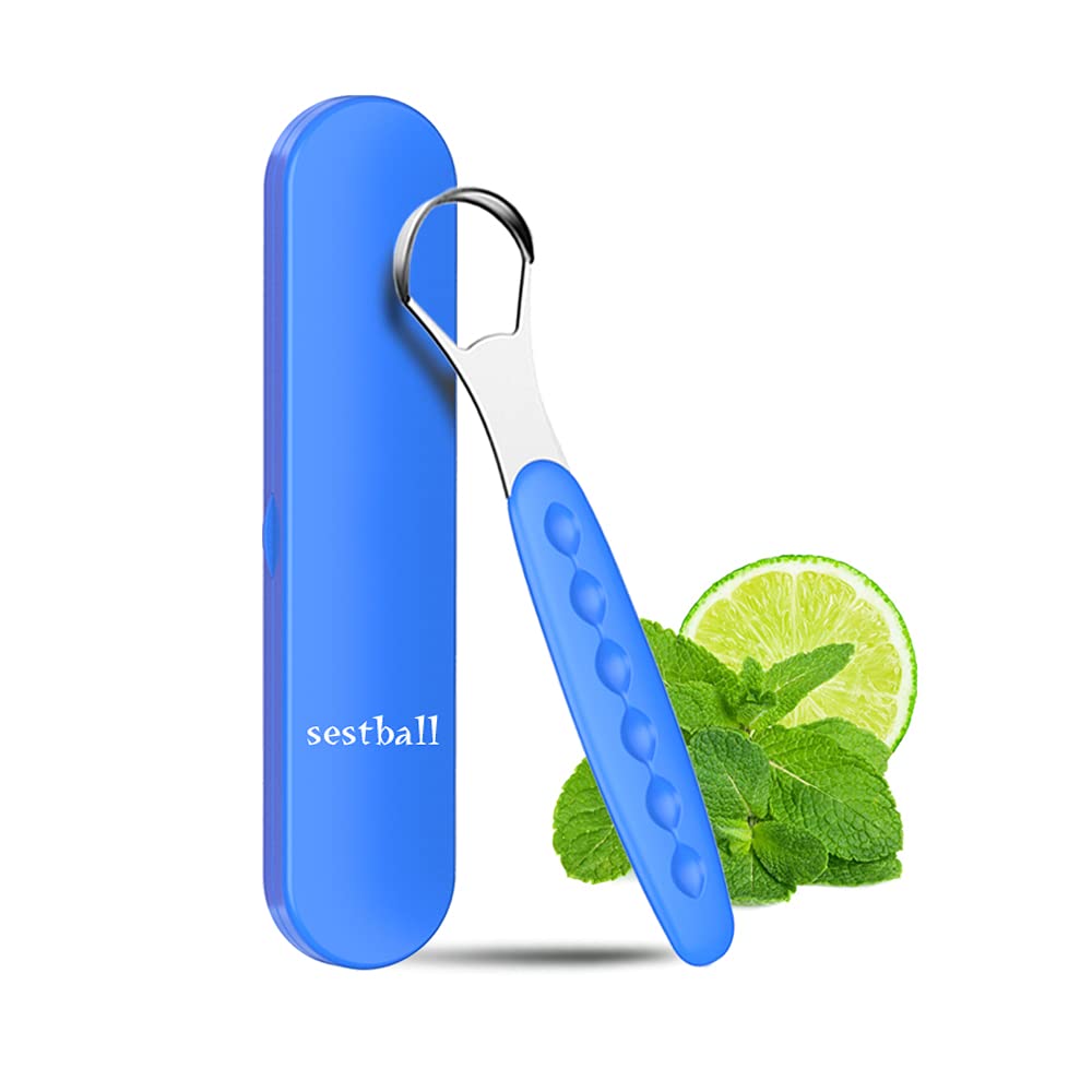Sestball nettoyeur langue en acier inoxydable bleu, haleine fraiche et hygiène buccale.