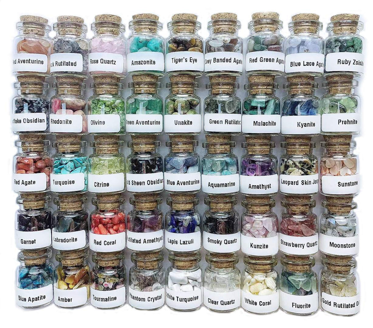 Set cristaux 45 bouteilles, présentation élégante pour décore et collection spirituelle.