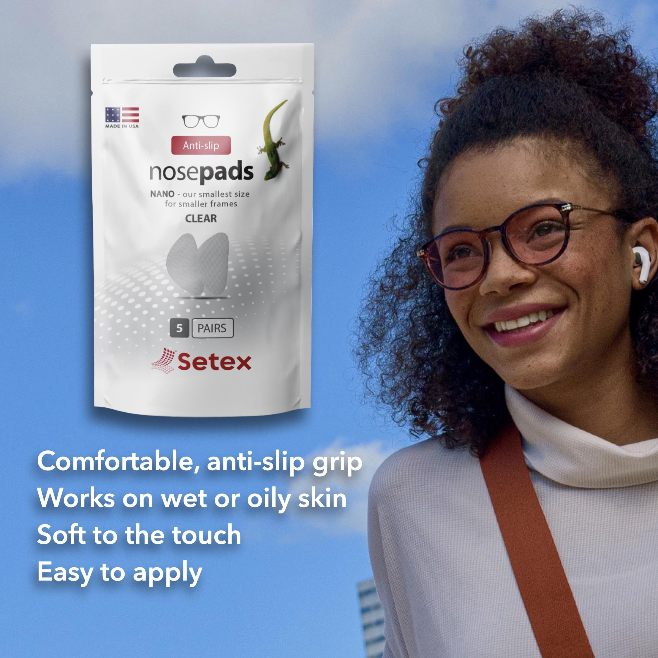 Setex Gecko Grip Nano – confort des coussinets nasaux sur lunettes plastiques.