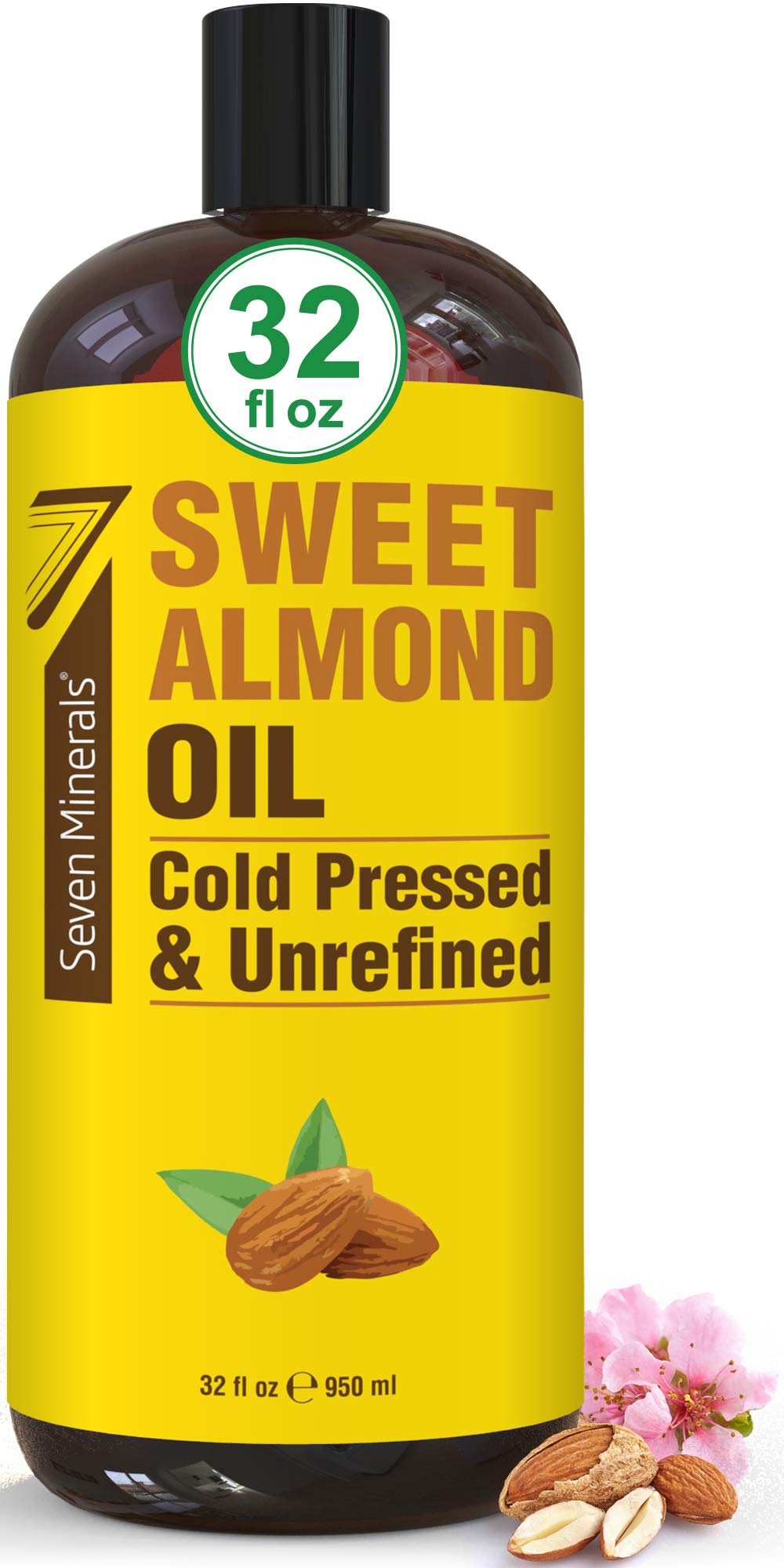 Huile d'amande douce Seven Minerals pressée à froid en flacon 32 oz, soin peau et cheveux.