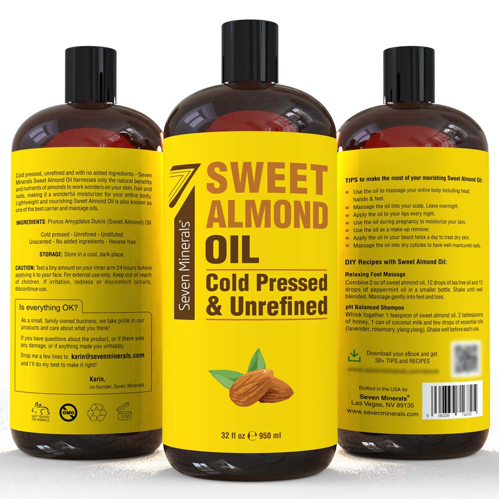 Soin cheveux et cuir chevelu avec huile d'amande douce Seven Minerals.