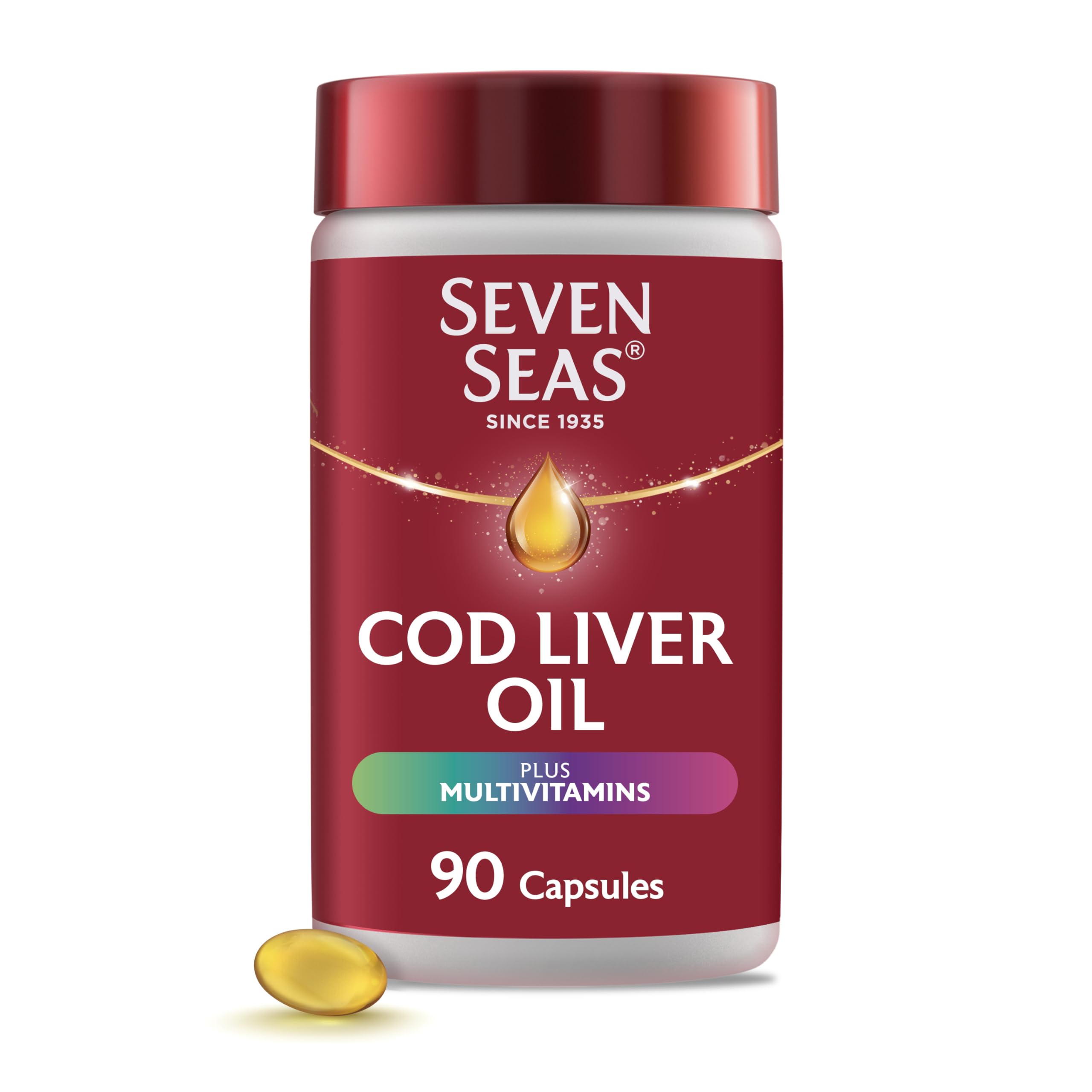 Seven Seas huile de foie de morue, bouteille, soutien potentiel à l'énergie quotidienne.