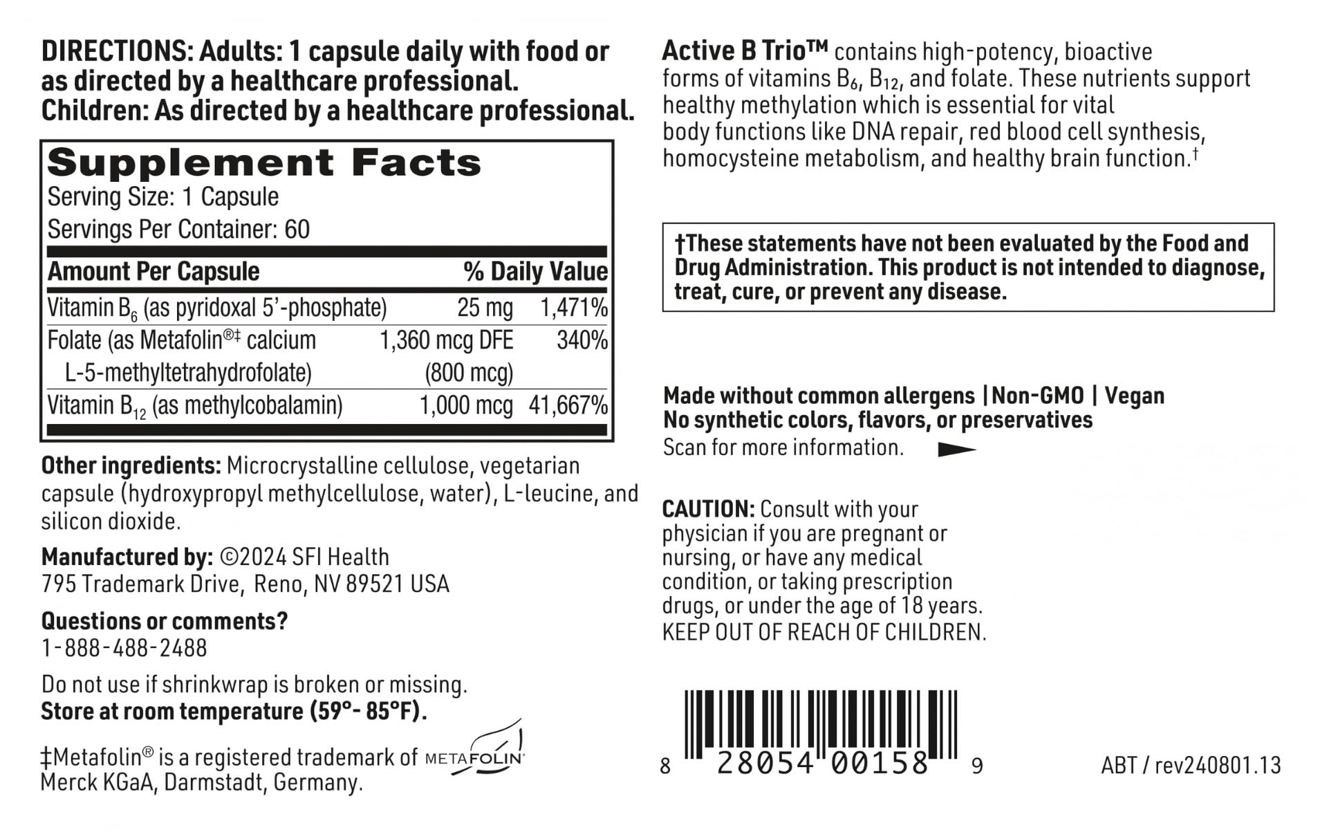 SFI Health Active B Trio tableau-ingrédients: vitamines méthylées prêtes à l’emploi.