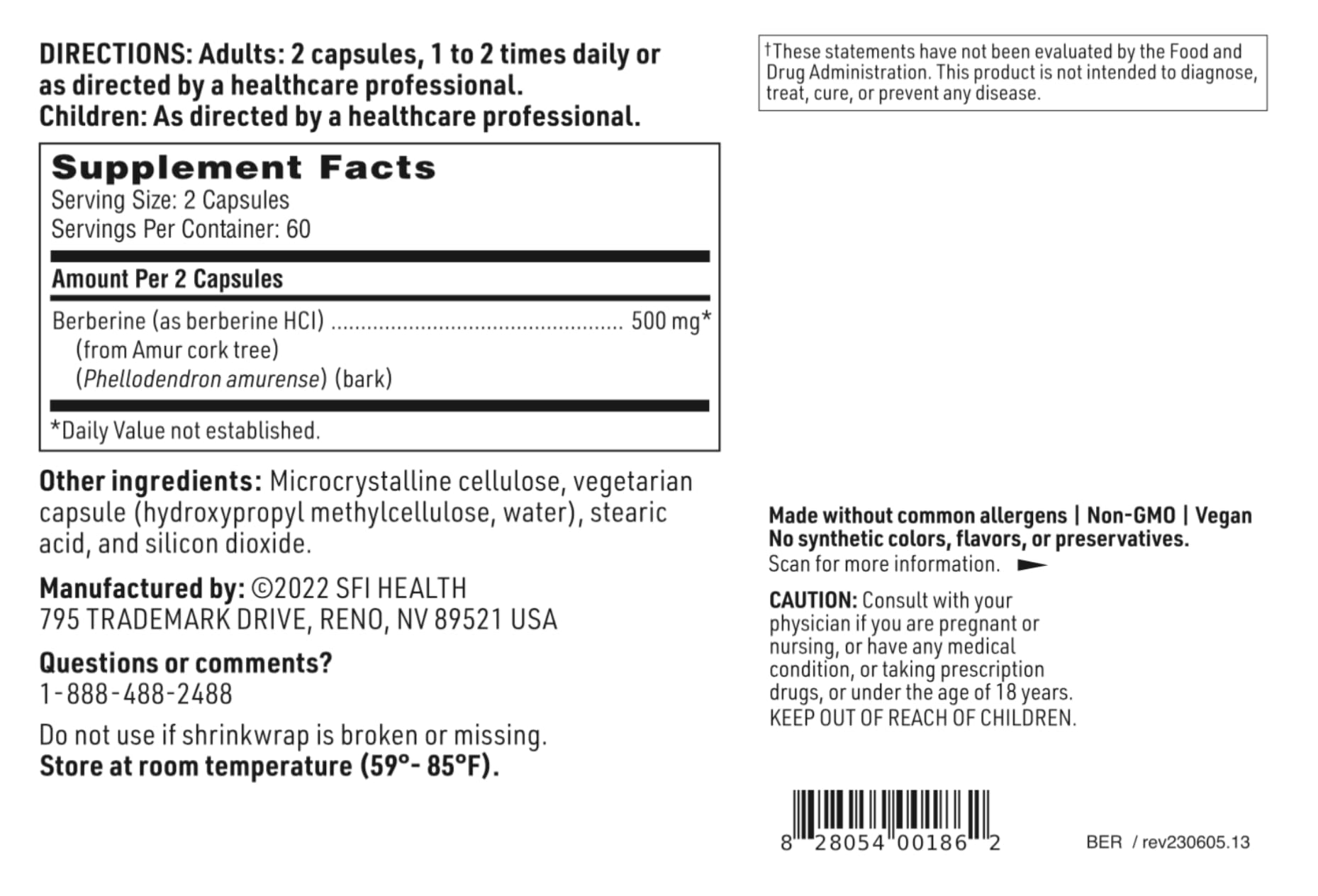 SFI Health Berberine HCI 500mg — dosage recommandé de deux capsules par jour.