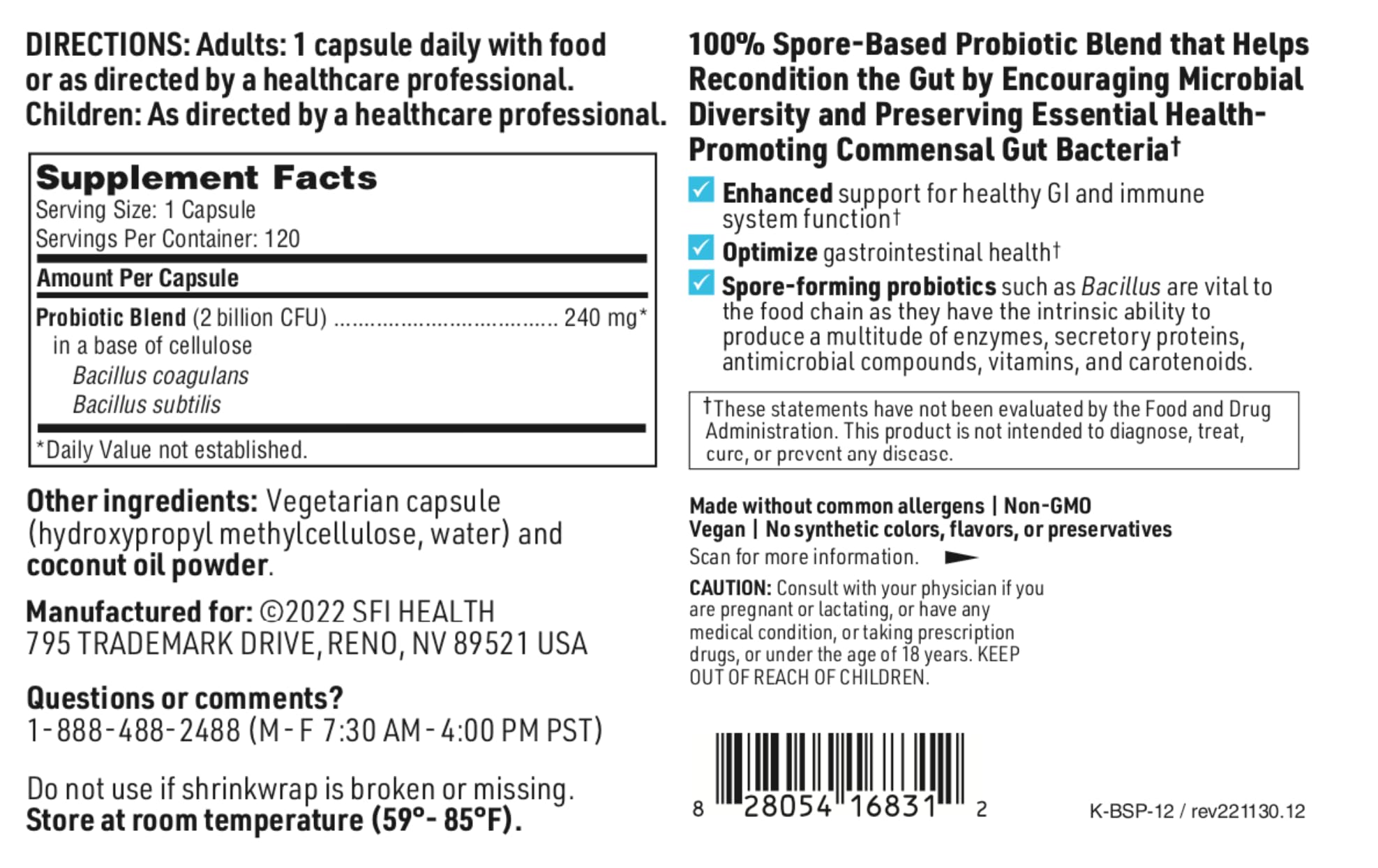BioSpora SFI Health – sans allergènes, sans lactose, gluten et soja.