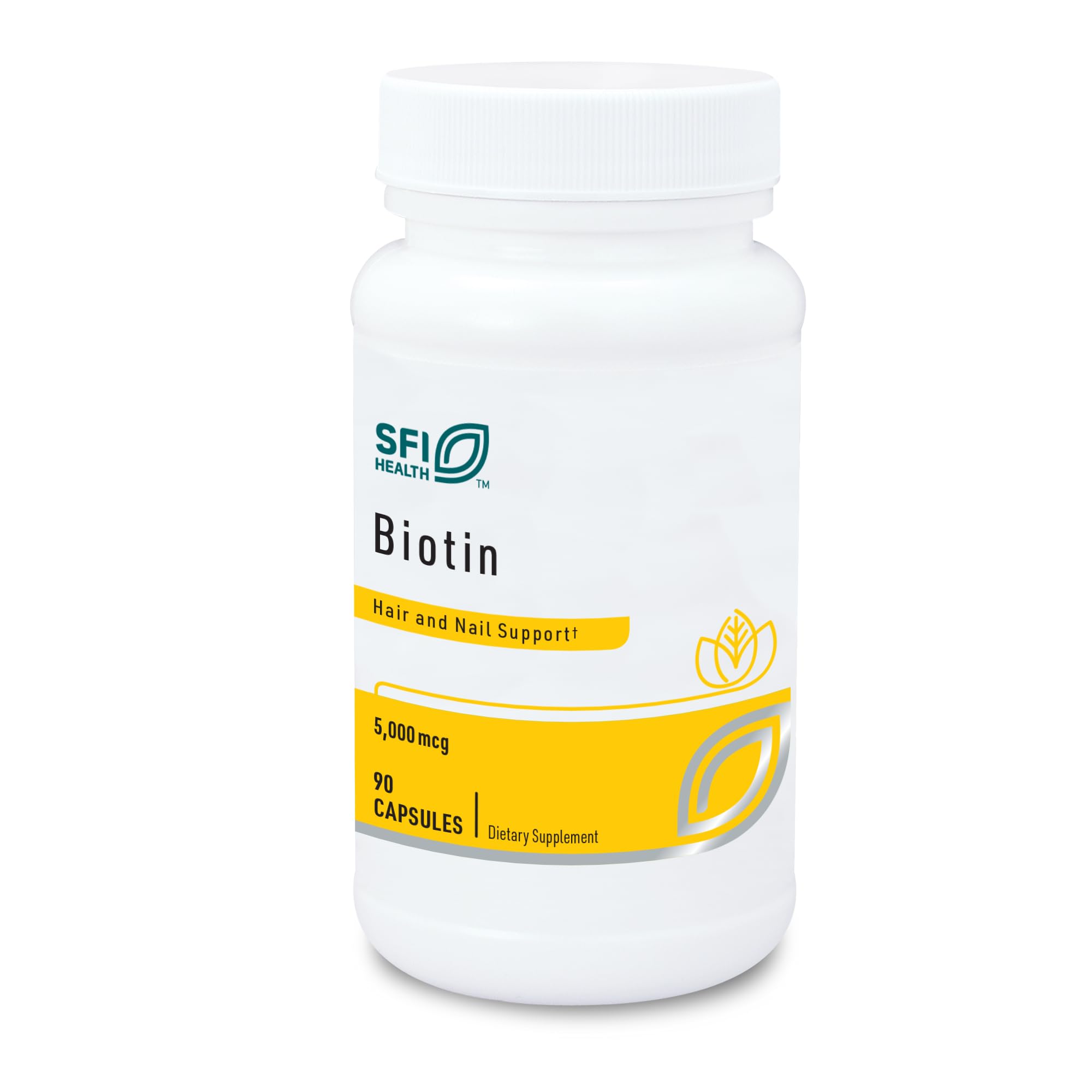 SFI Health Klaire Labs Biotine 5000 mcg, bouteille pratique pour une supplémentation quotidienne.
