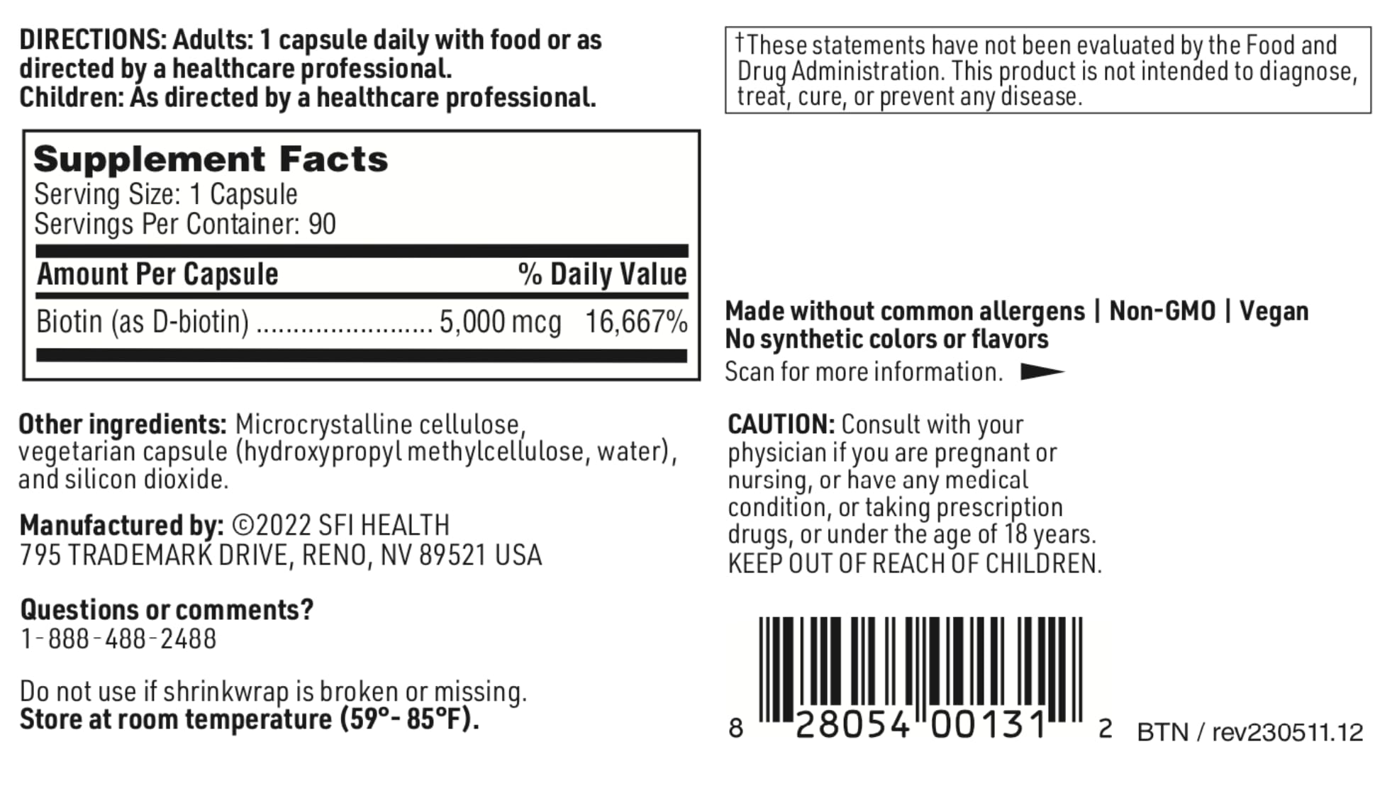 SFI Health Biotine 5000 mcg – usage quotidien en capsules végétariennes.
