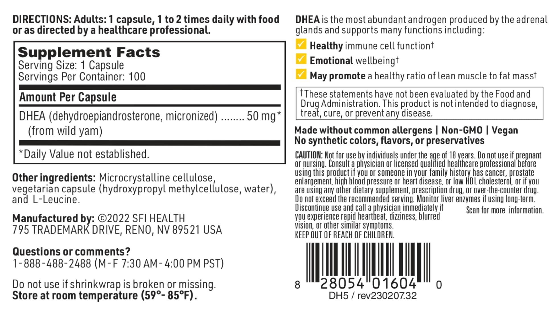 SFI Health DHEA 50 mg – sans allergènes courants et sécurité alimentaire.