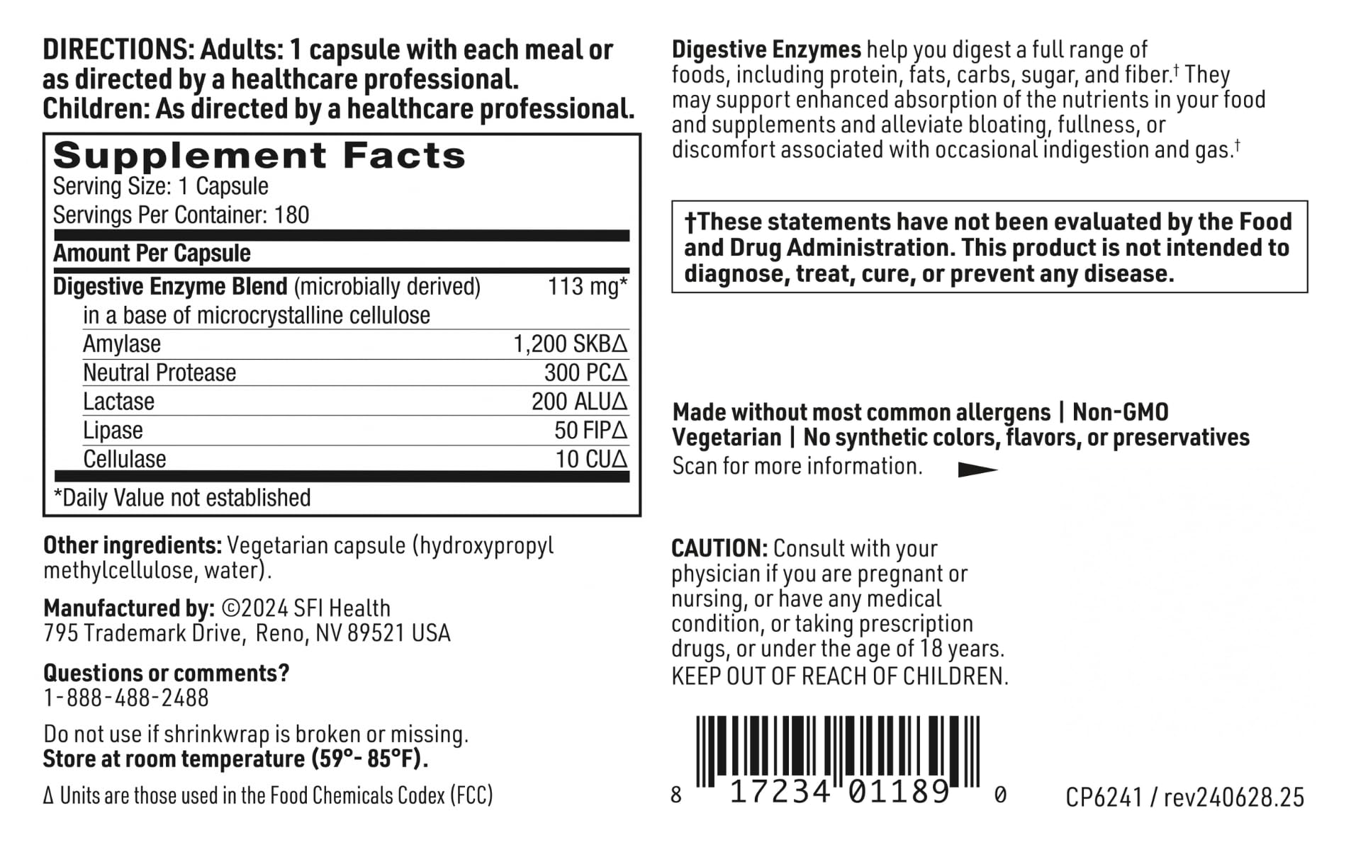 SFI Health Klaire Labs Digestive Enzymes: emballage extérieur et carton informatif.
