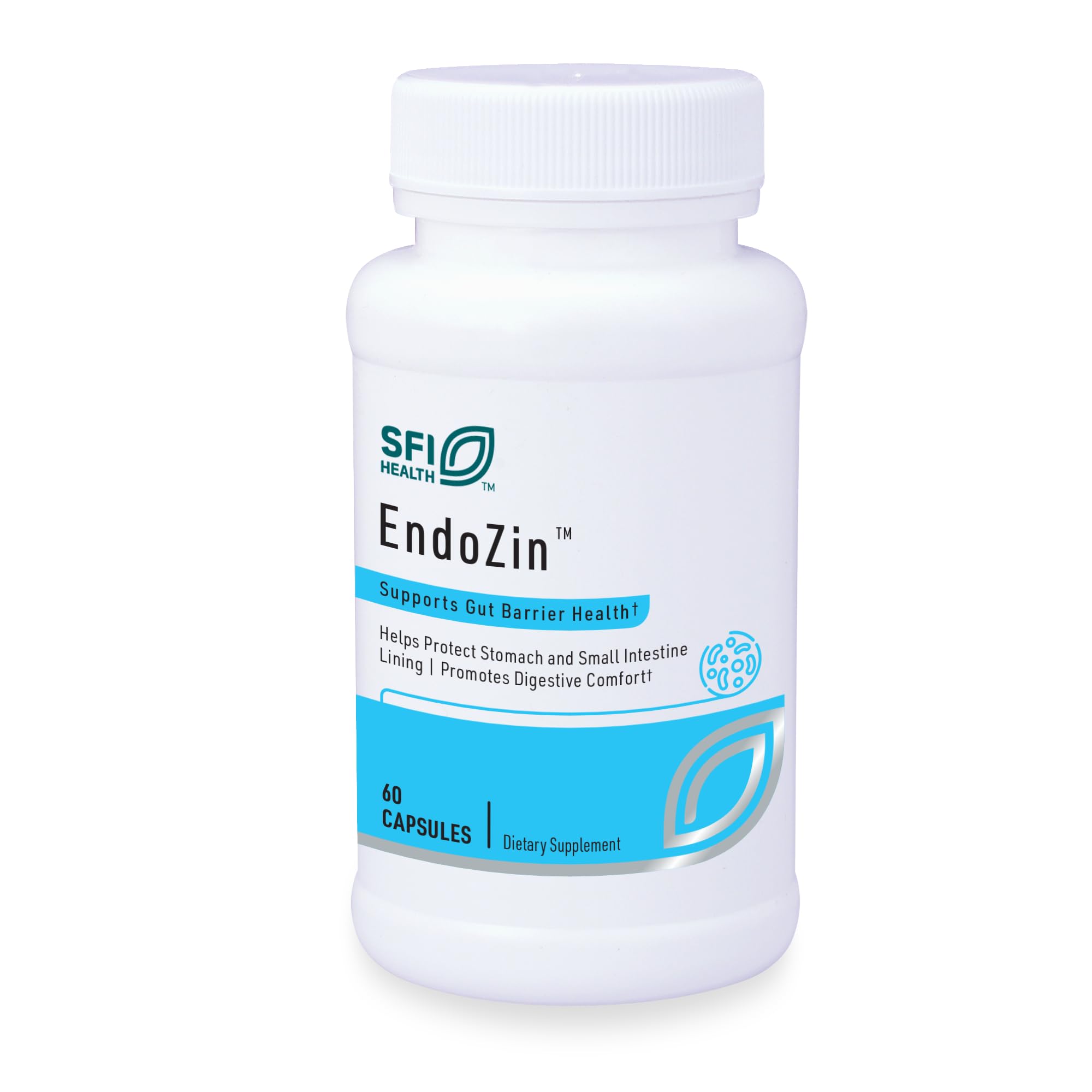 SFI Health Endozin, bouteille et etiquette, soutien potentiel de la muqueuse intestinale.