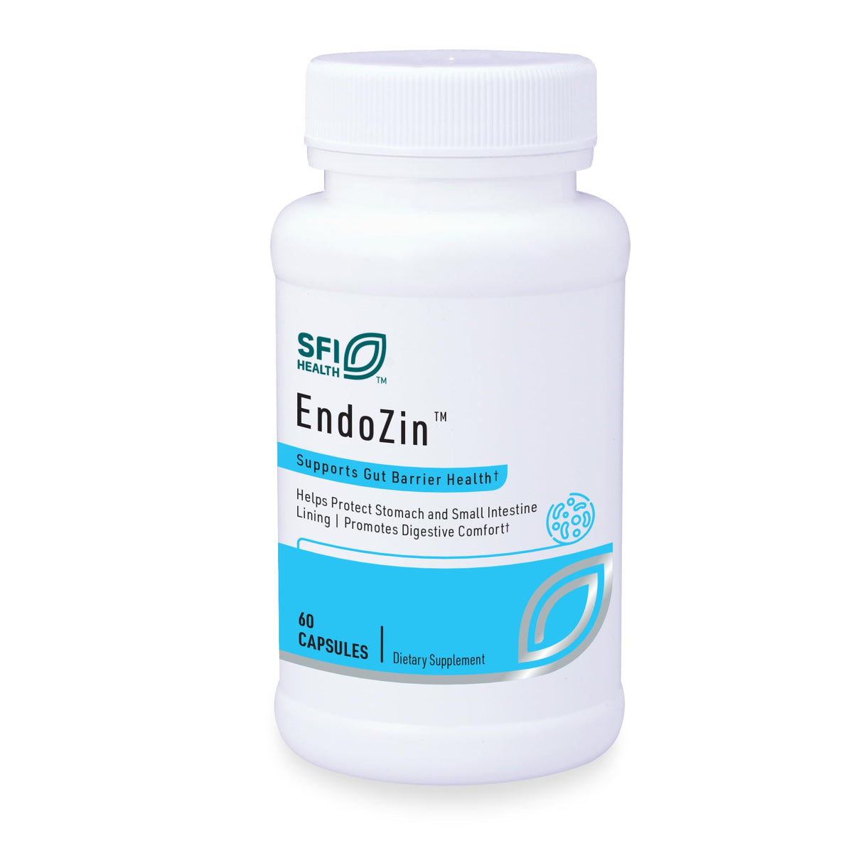 SFI Health Endozin, bouteille et etiquette, soutien potentiel de la muqueuse intestinale.