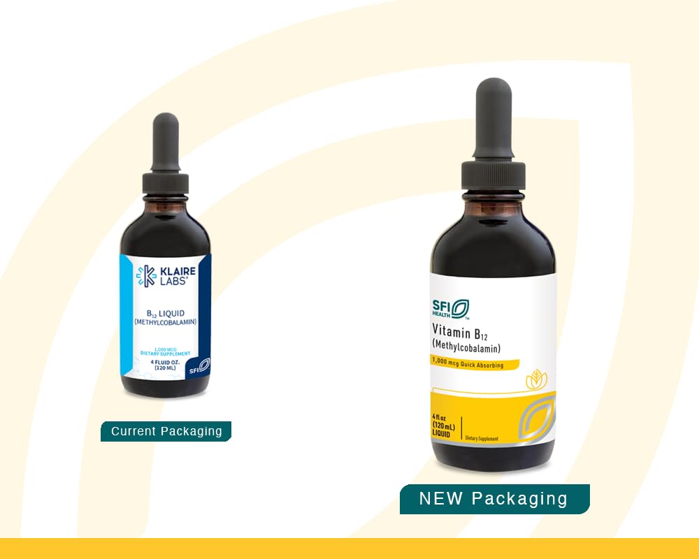SFI Health Klaire Labs B12 liquide: versement précis par goutte sur la langue.