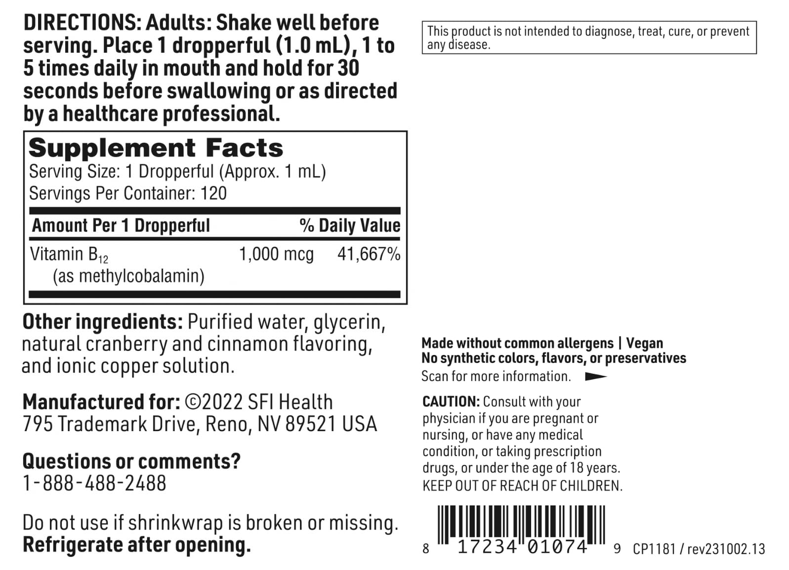 SFI Health Klaire Labs B12 liquide: flacon de 120 ml pratique à utiliser.