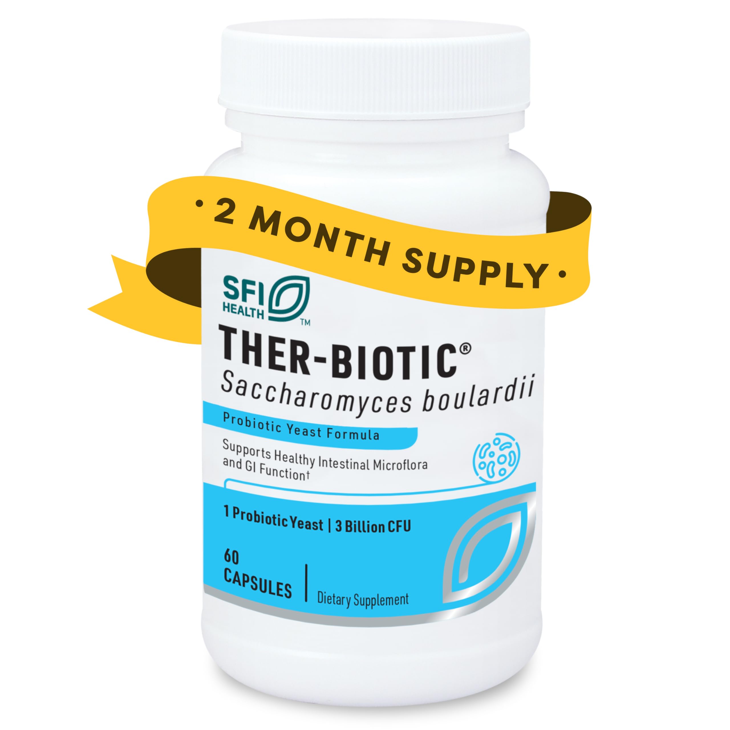 SFI Health Klaire Labs Saccharomyces boulardii, bouteille de 60 gélules pour le soutien digestif.