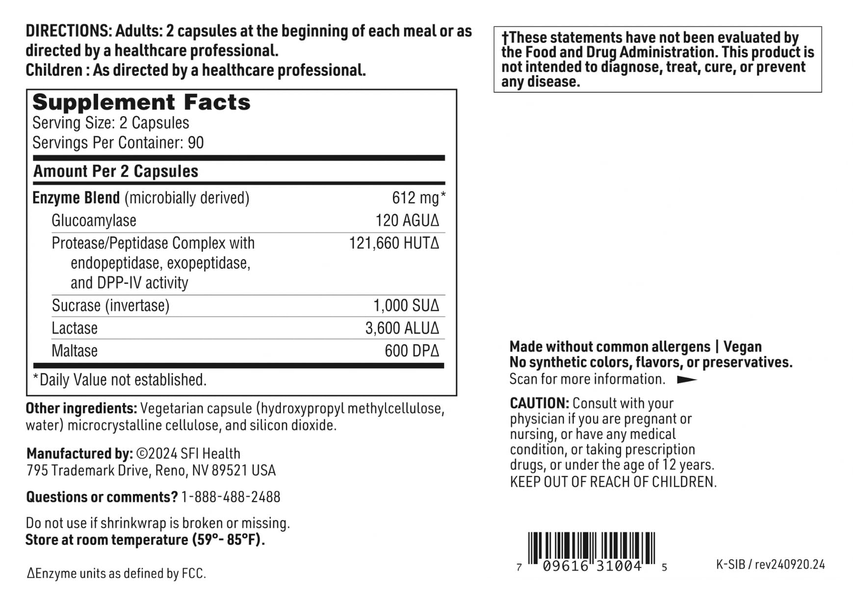 SFI Health Klaire Labs Sibb-Zymes, ingrédients hypoallergéniques et sans colorants artificiels.