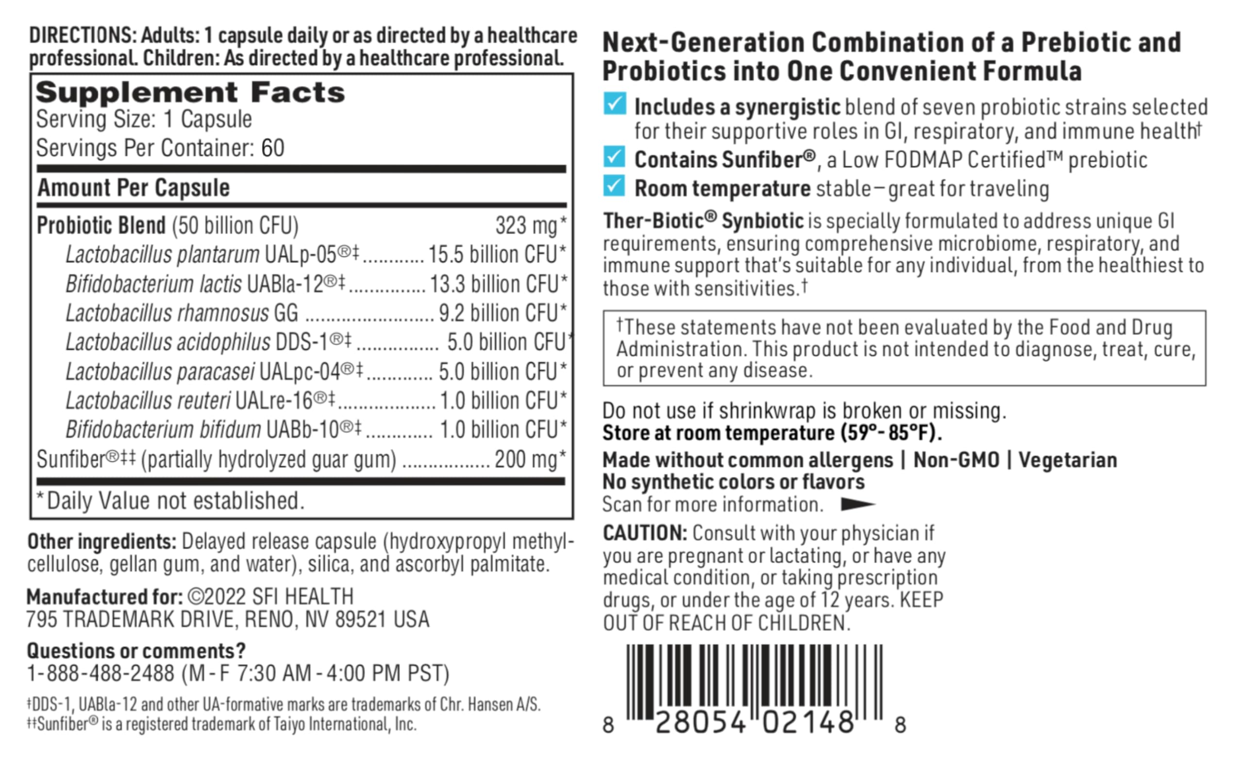 Fiche nutritionnelle Ther-Biotic affichant dosage quotidien et composants pro et prébiotiques.
